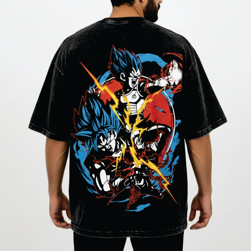 Black t-shirt with colorful graphic design on the back, featuring three characters in action poses.