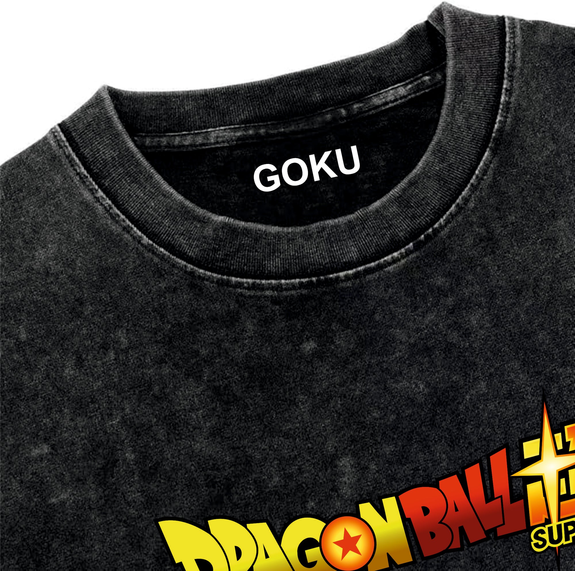 Black t-shirt with 'GOKU' printed on the collar and 'Dragon Ball Super' logo at the bottom.