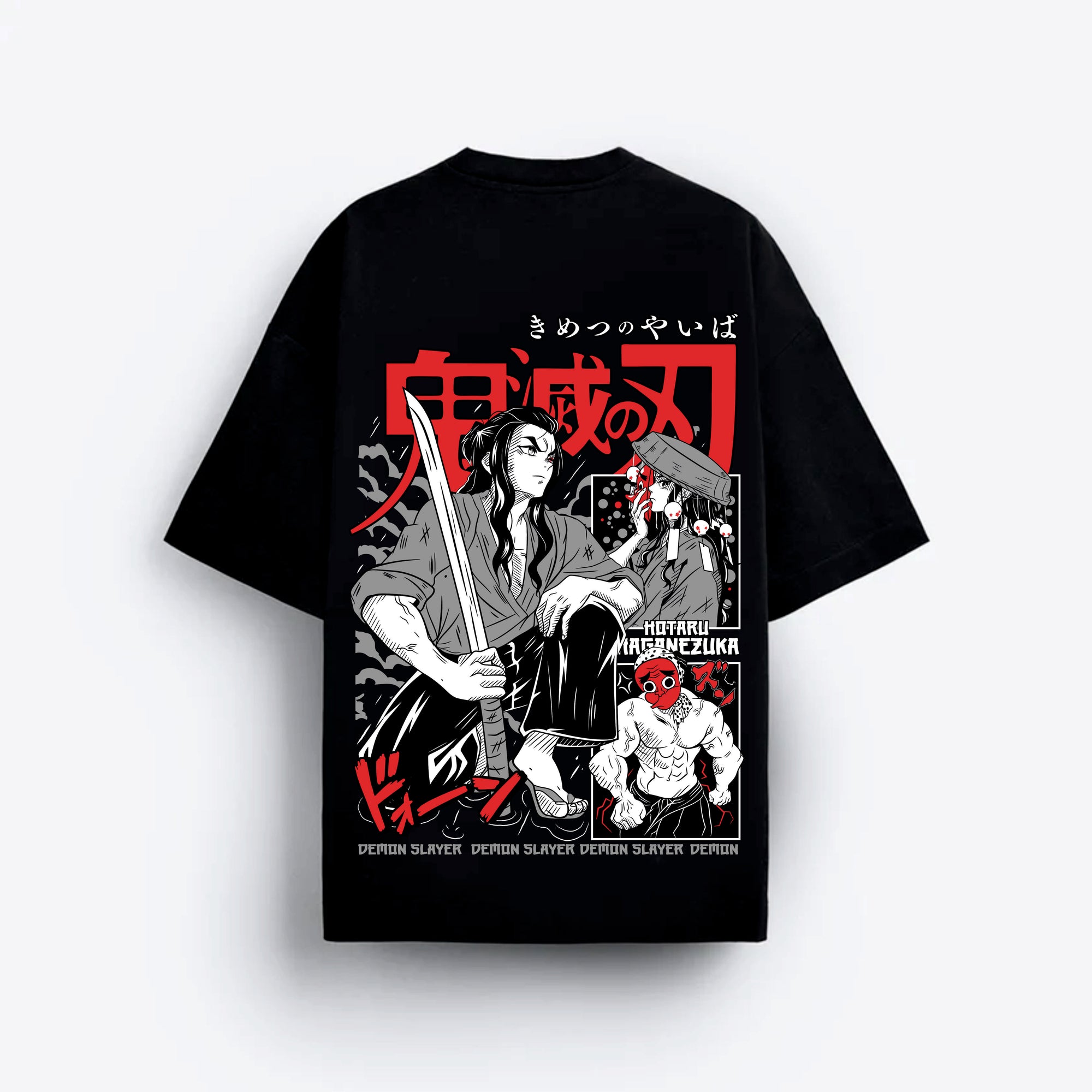 Black t-shirt with 'Demon Slayer' graphic design.