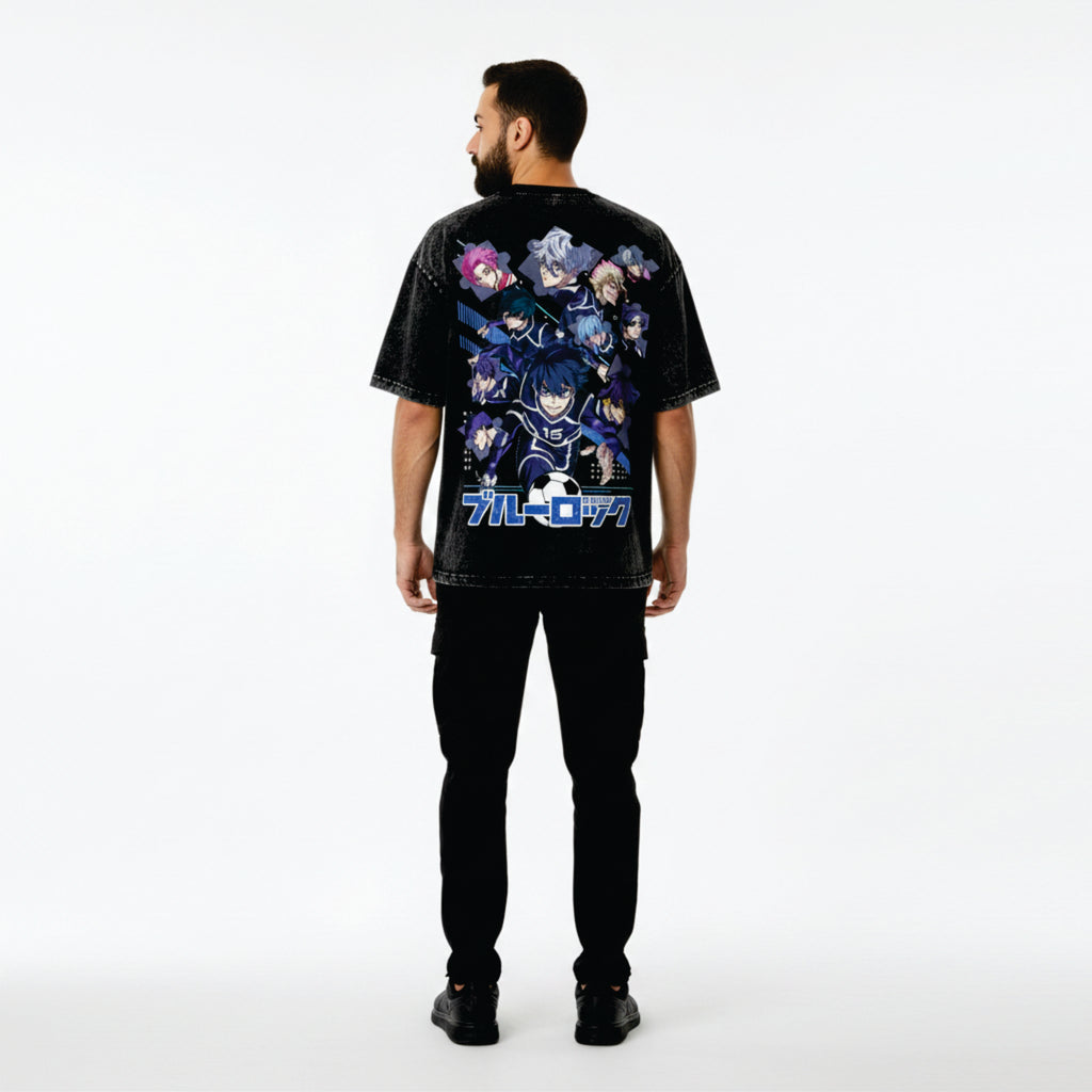 Person wearing a black t-shirt with colorful graphics on the back against a white background