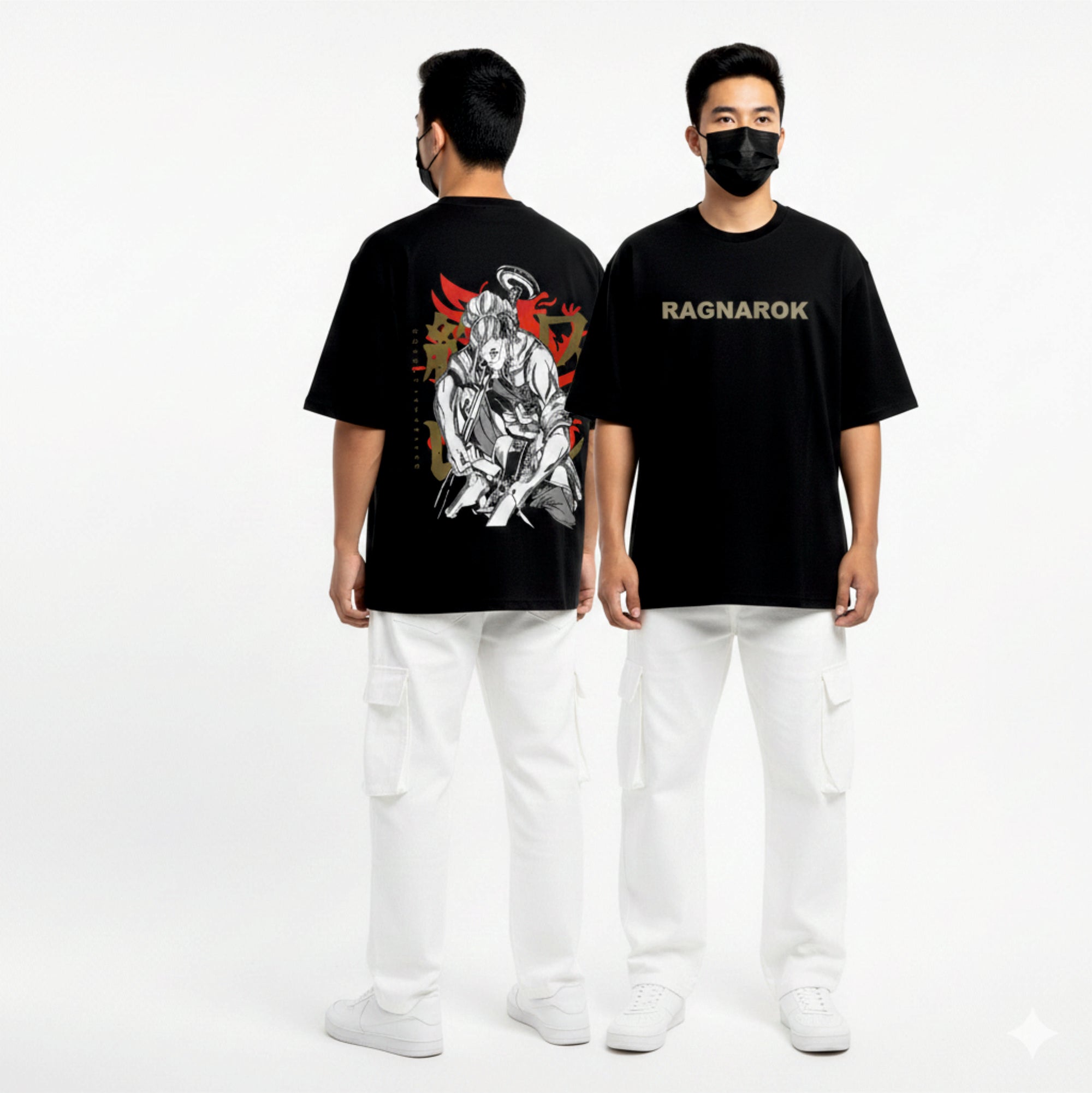 Two people wearing black t-shirts with 'Ragnarok' design on a white background