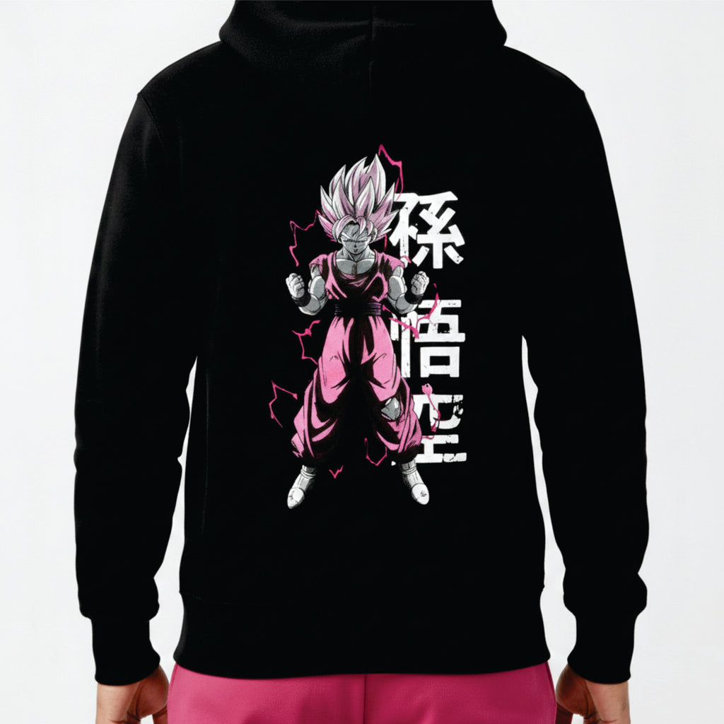 Black hoodie with a character in pink outfit and white text on a white background