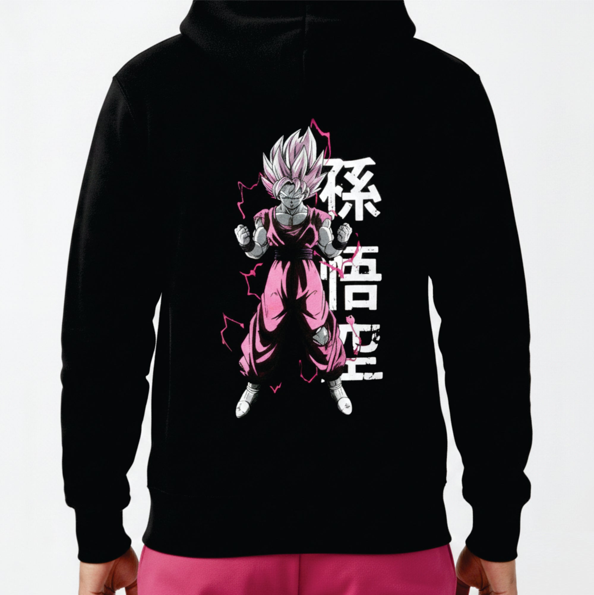 Black hoodie with a character in pink outfit and white text on a white background