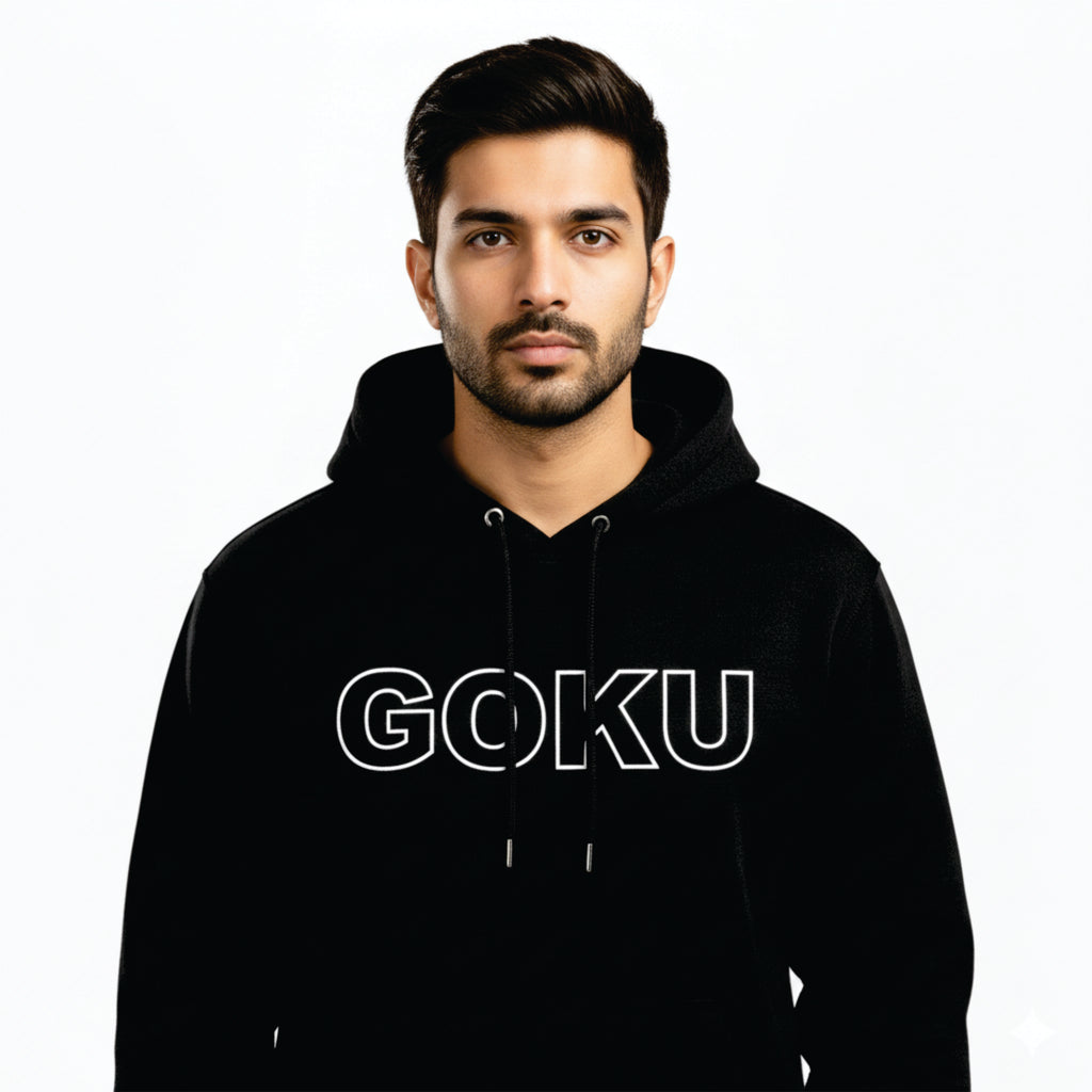 Man wearing a black hoodie with 'GOKU' text on a white background