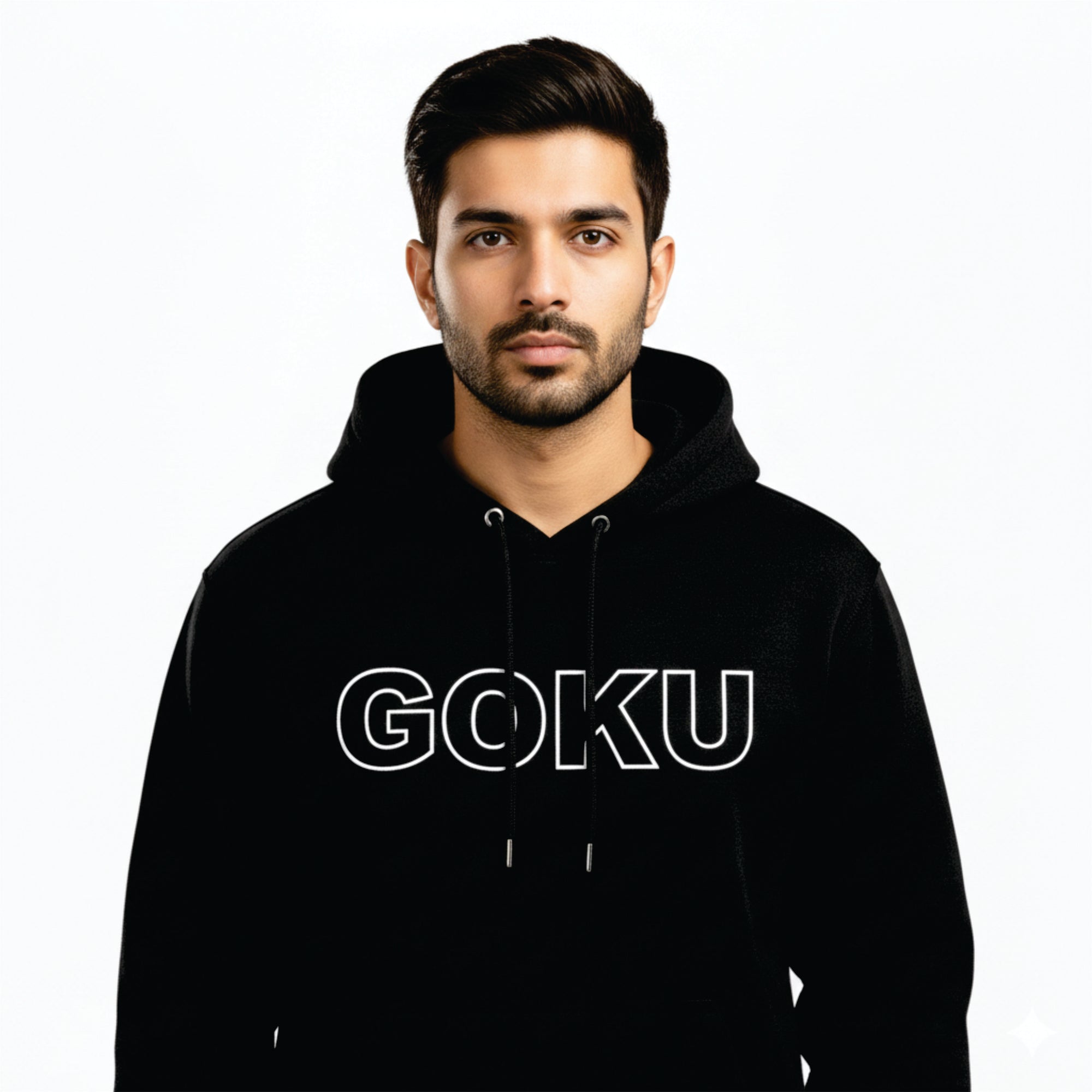 Man wearing a black hoodie with 'GOKU' text on a white background
