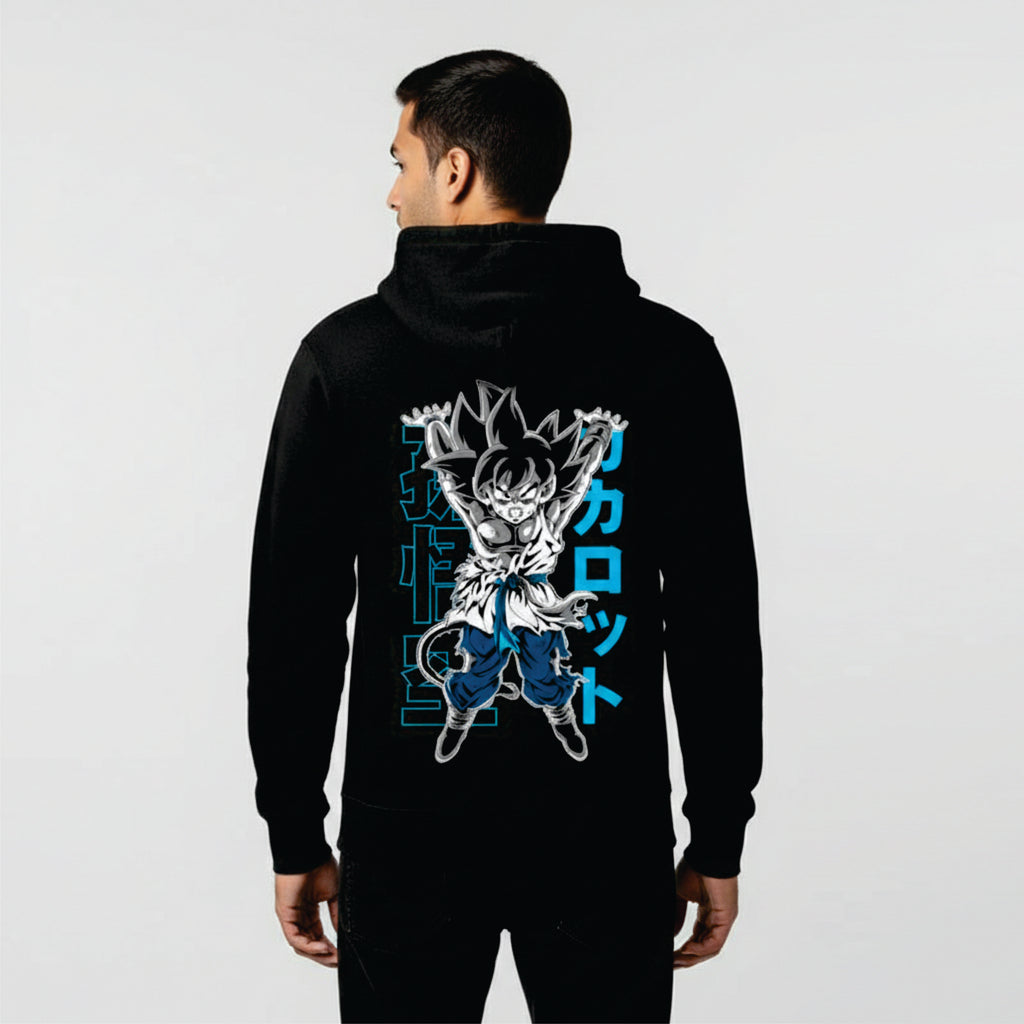 Person wearing a black hoodie with a graphic design on the back against a white background