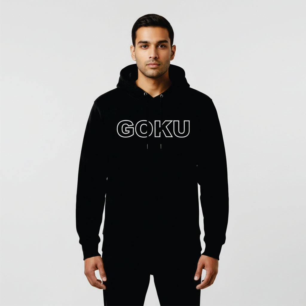 Person wearing a black hoodie with 'GOKU' text on a light gray background