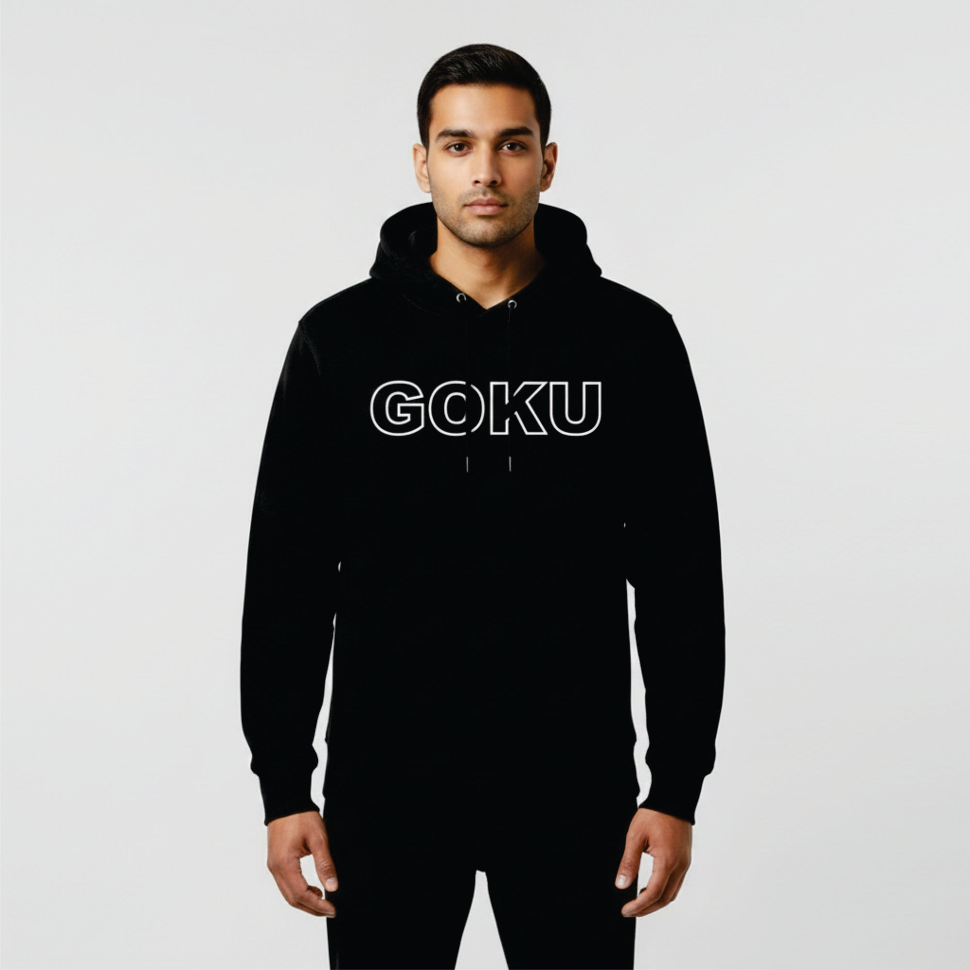 Person wearing a black hoodie with 'GOKU' text on a light gray background