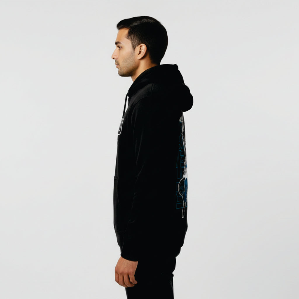 Person wearing a black hoodie with a white background