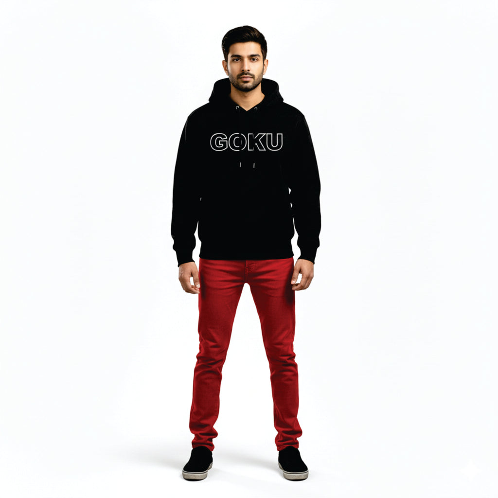 Person wearing a black hoodie with 'GOKU' text and red pants on a white background
