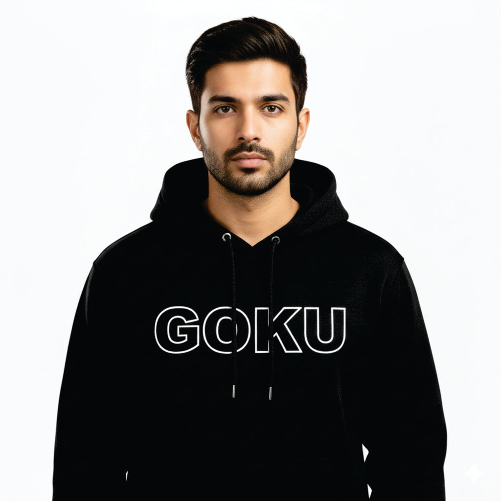 Person wearing a black hoodie with 'GOKU' text on a white background
