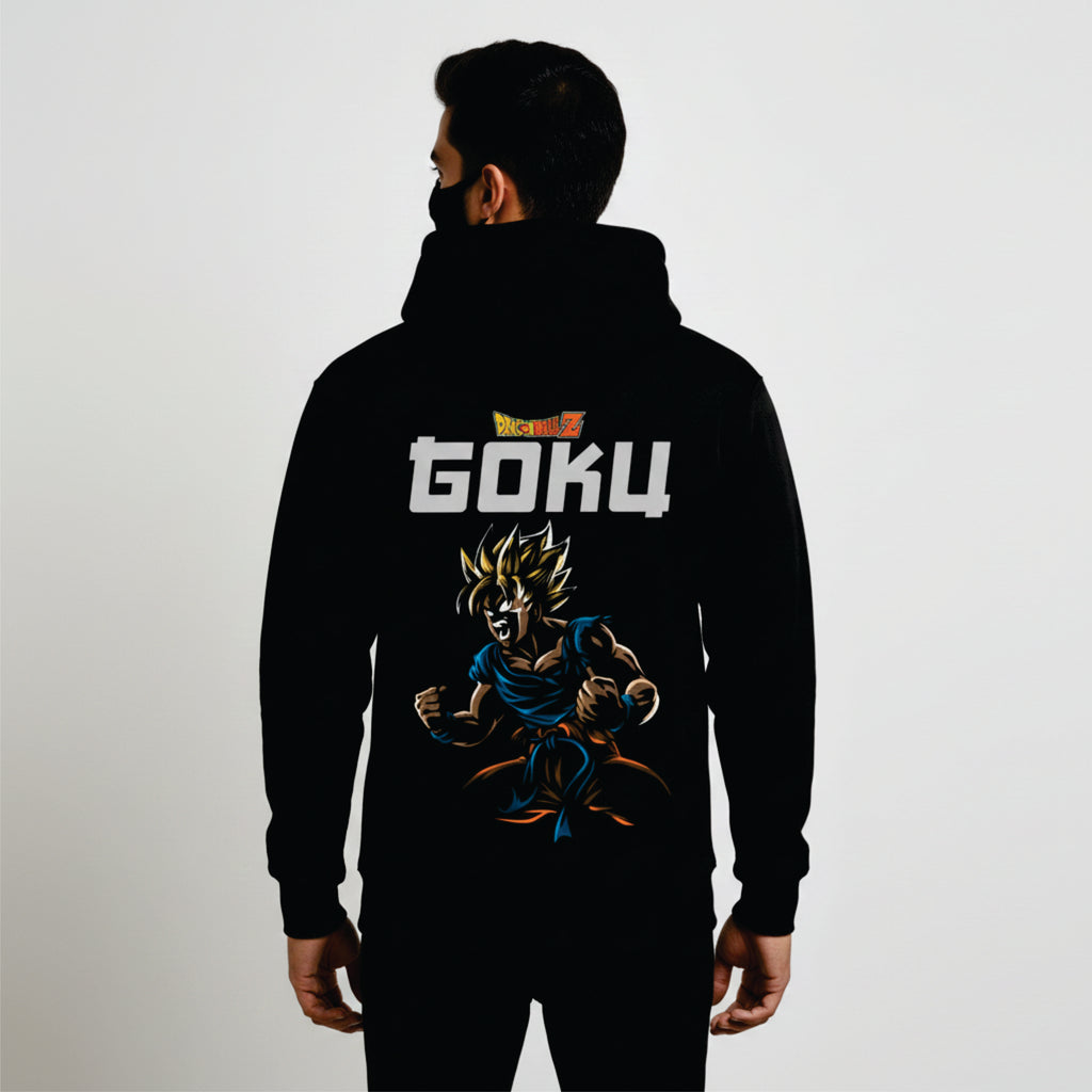 Black hoodie with 'Goku' and character design on the back, worn by a person.