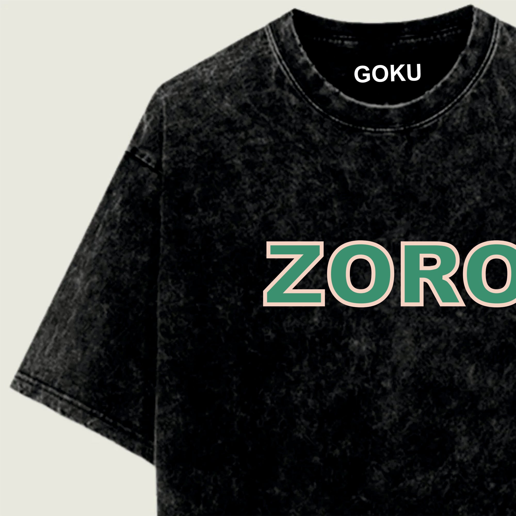 Black t-shirt with 'ZORO' printed in green on a light green background