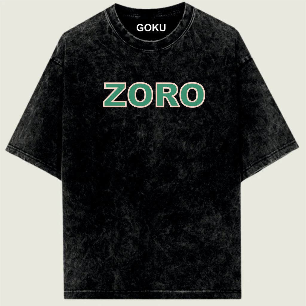 Black t-shirt with 'ZORO' printed in green on a beige background