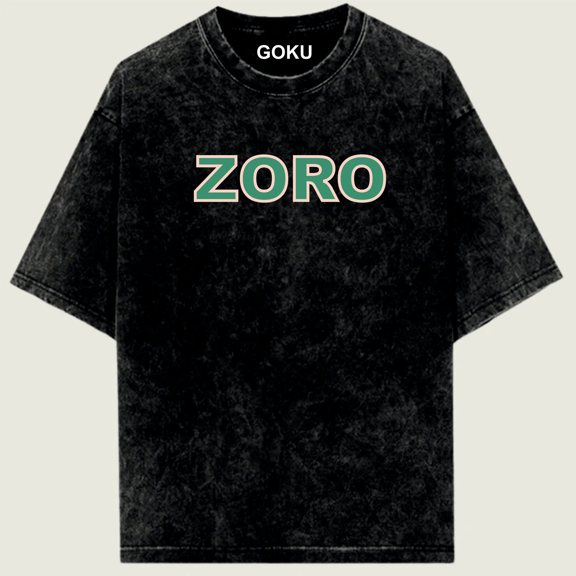 Black t-shirt with 'ZORO' printed in green on a beige background