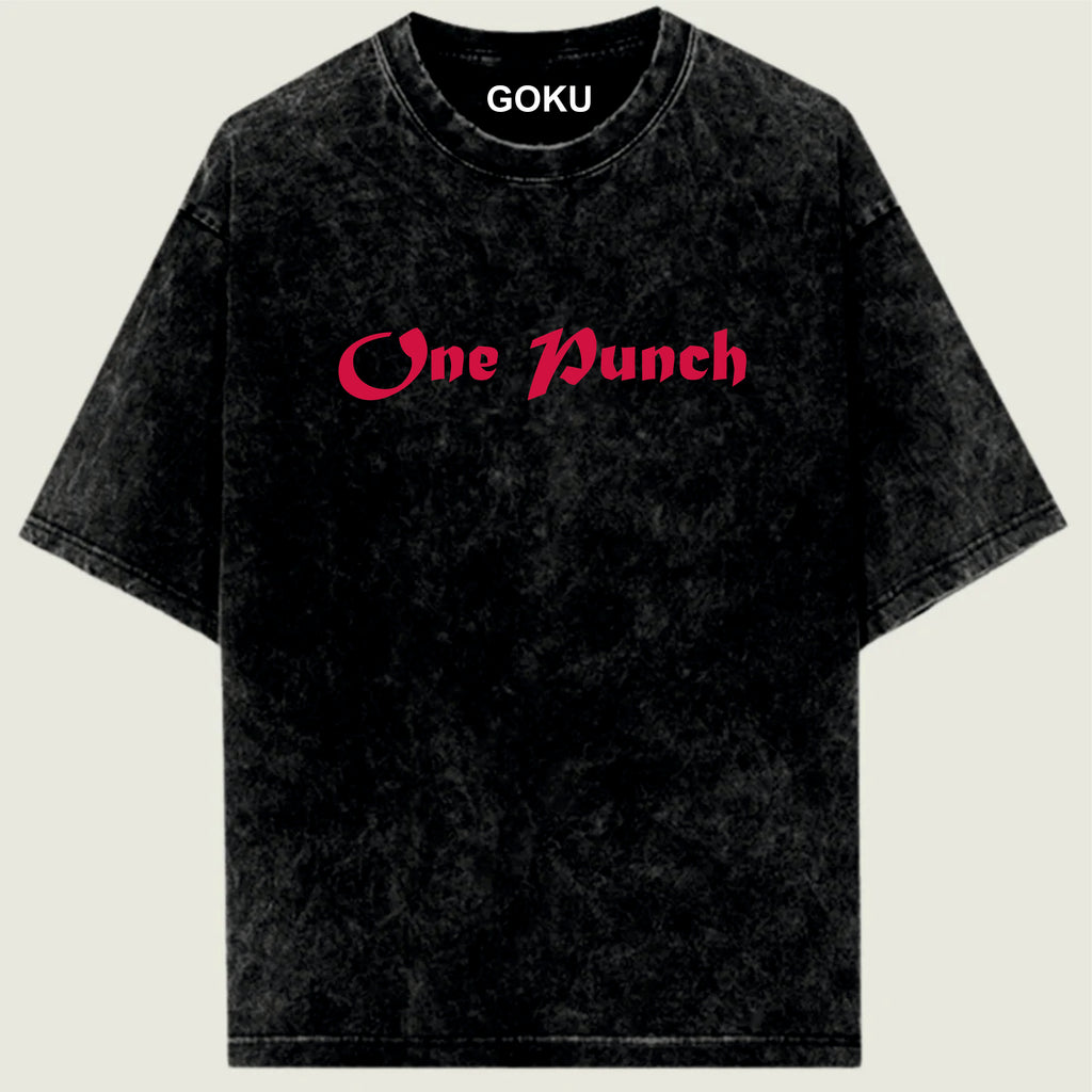 Black t-shirt with 'One Punch' in pink text on a beige background
