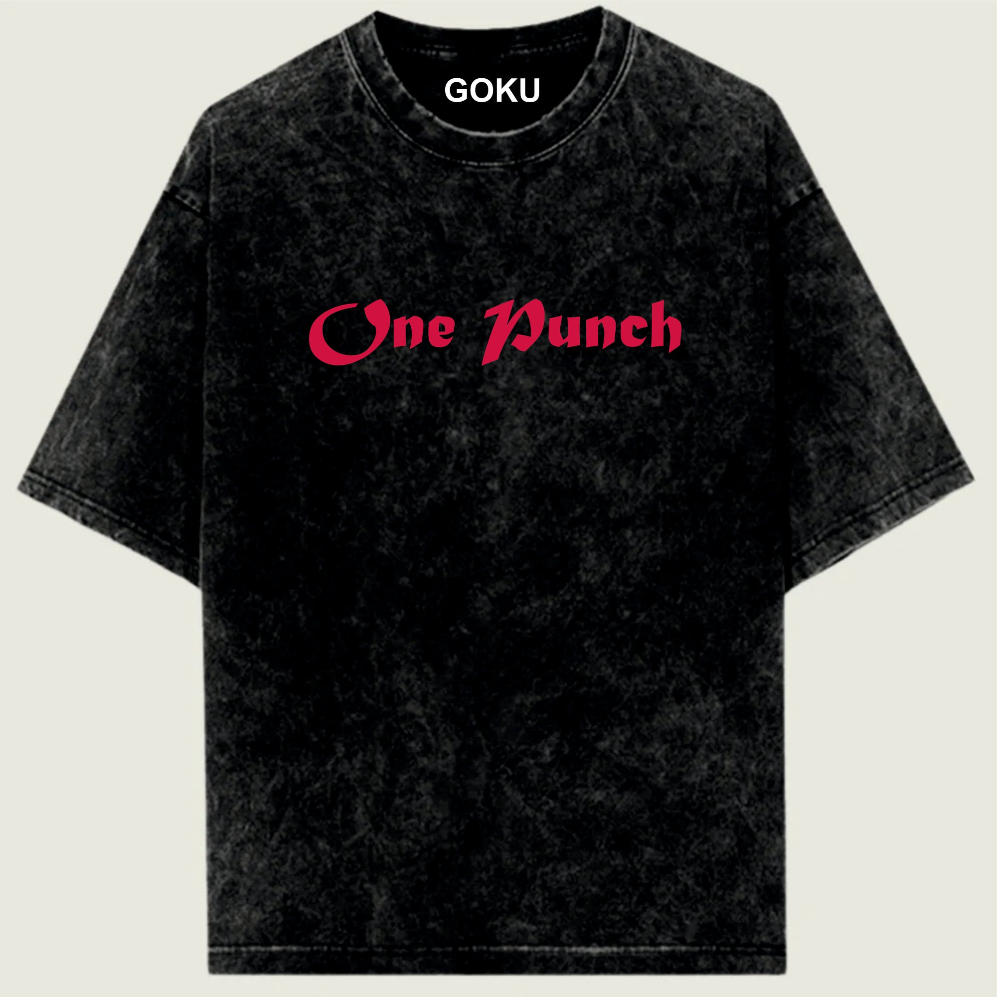 Black t-shirt with 'One Punch' in pink text on a beige background