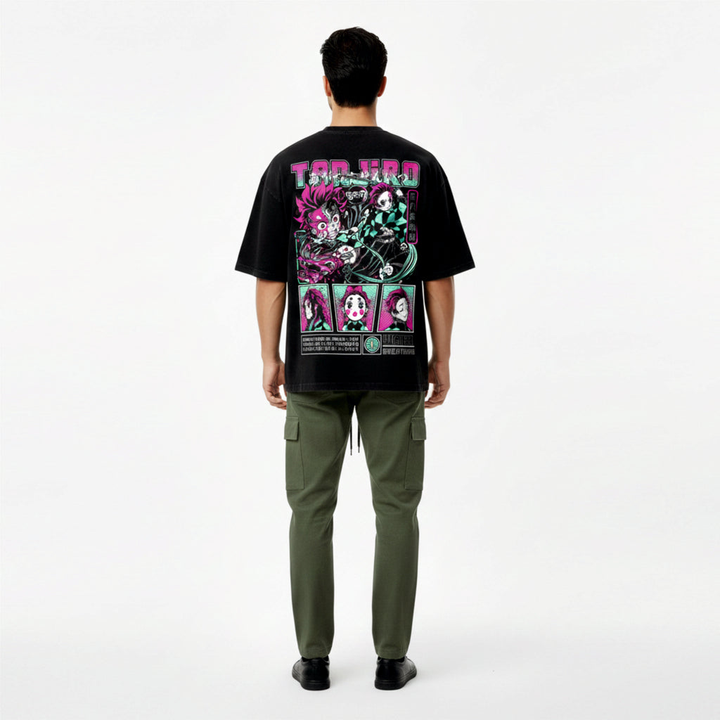 Person wearing a black t-shirt with colorful graphics on the back, standing against a white background