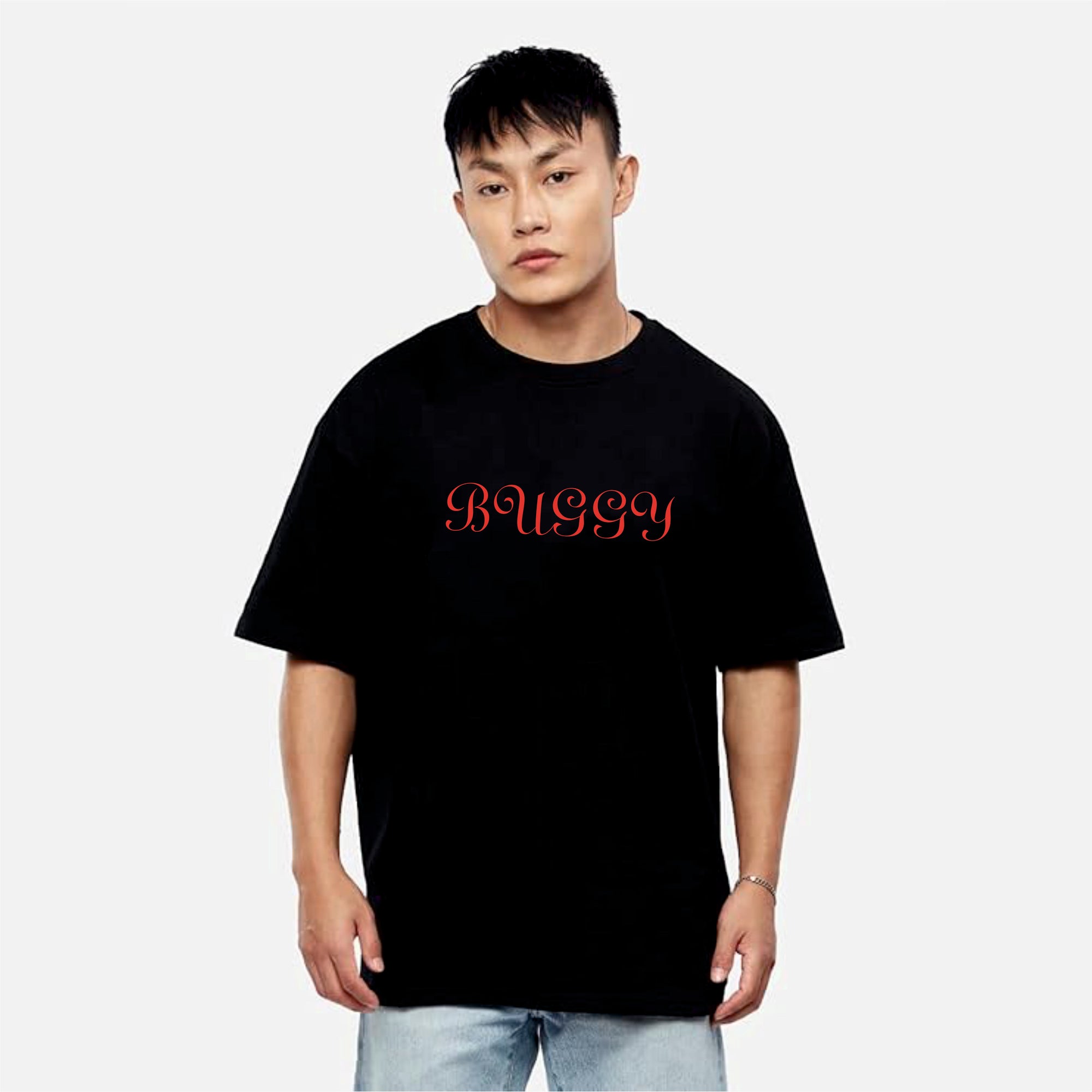 Person wearing a black t-shirt with 'BUGGY' printed in red