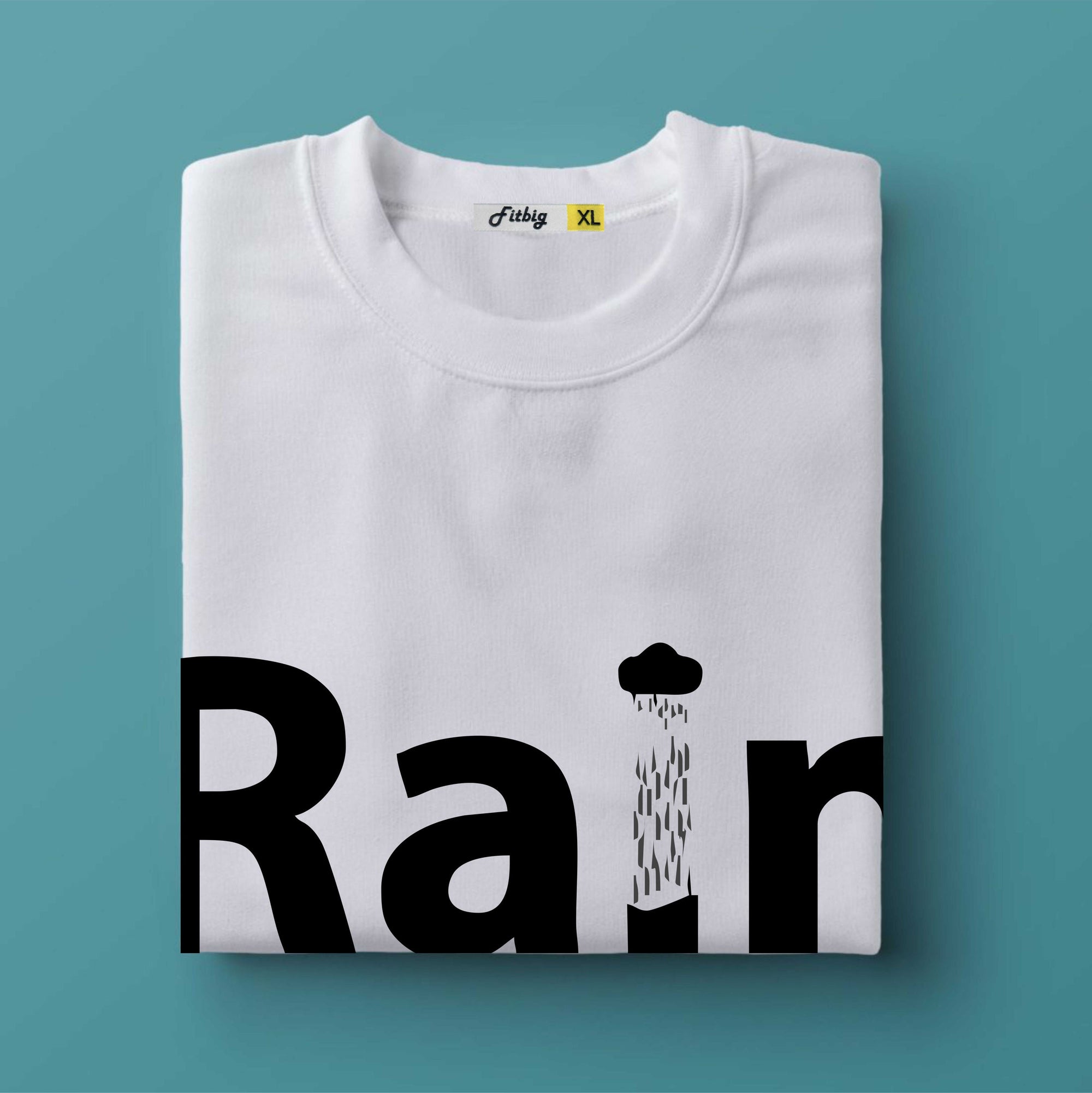 White t-shirt with 'Rain' printed on it against a teal background