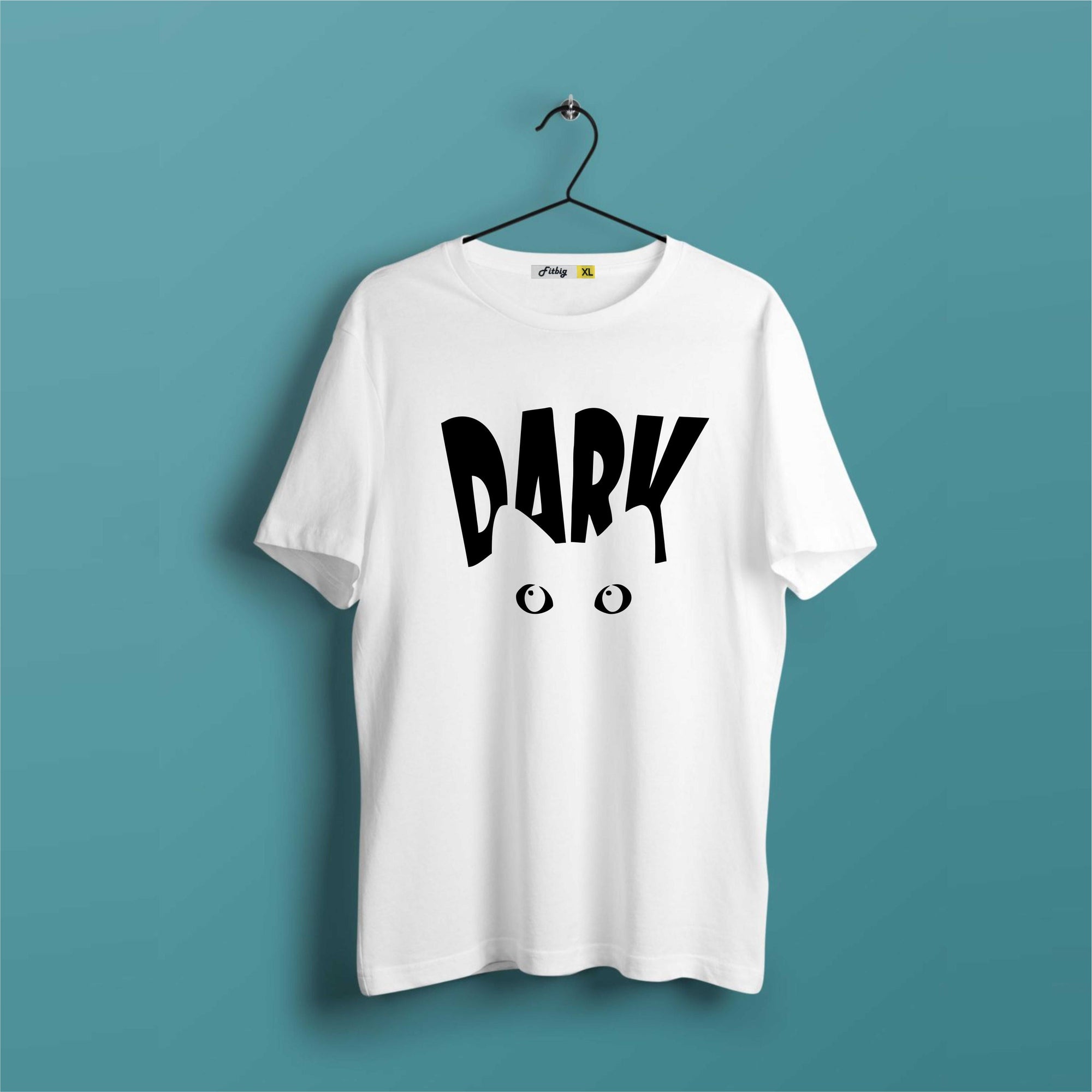 White t-shirt with 'DARK' printed on it against a teal background