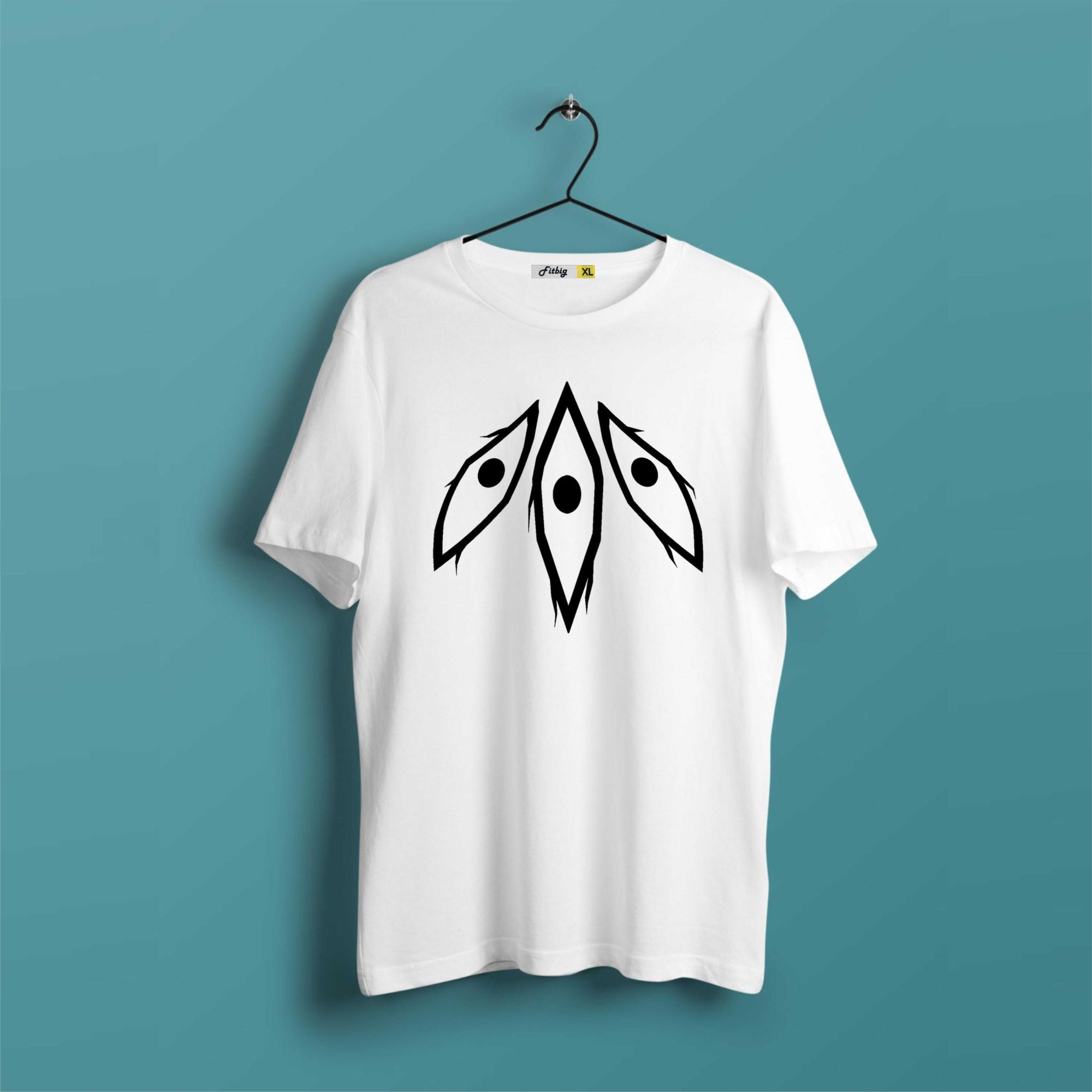 White t-shirt with black abstract design on a hanger against a blue background