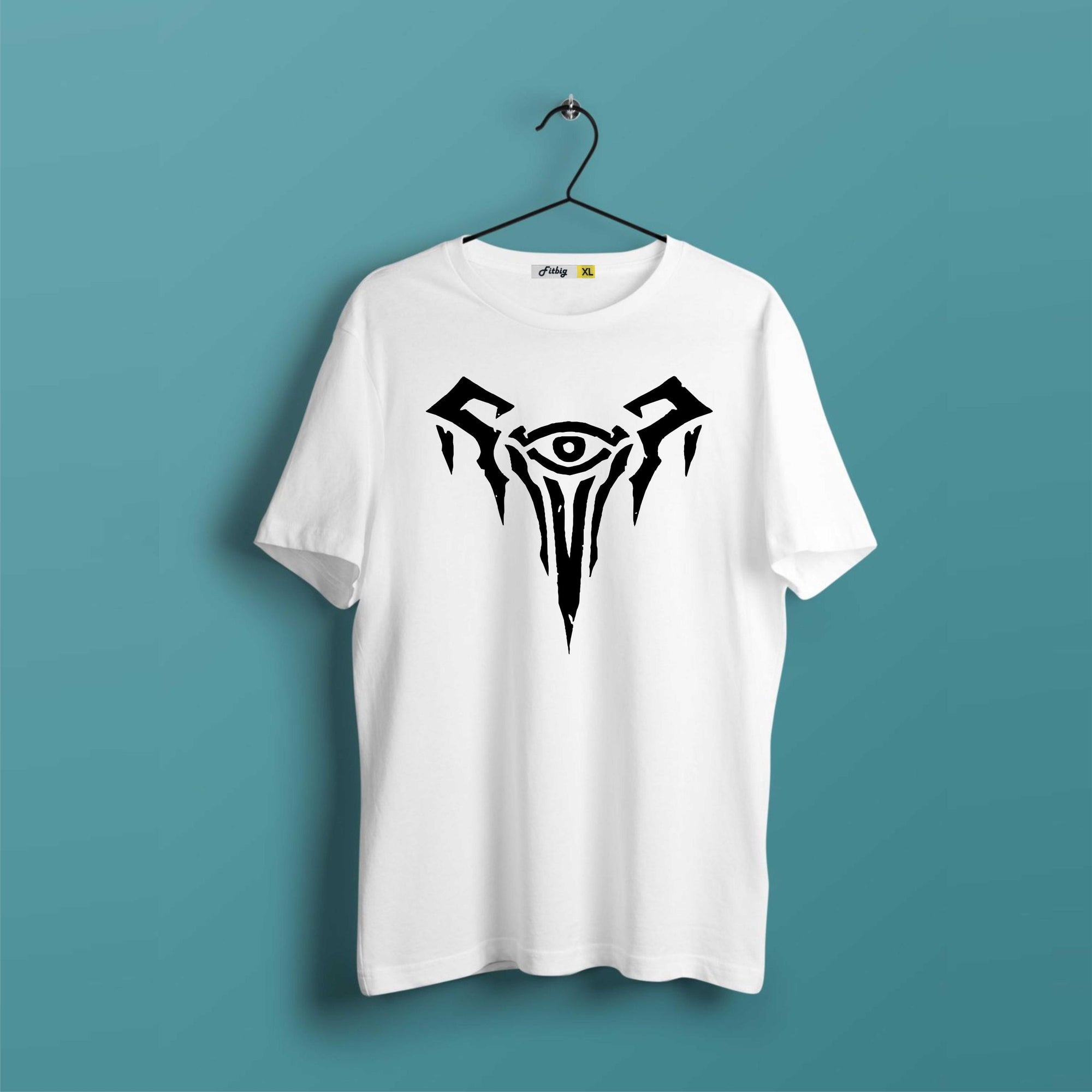 White t-shirt with black tribal design on a hanger against a blue background