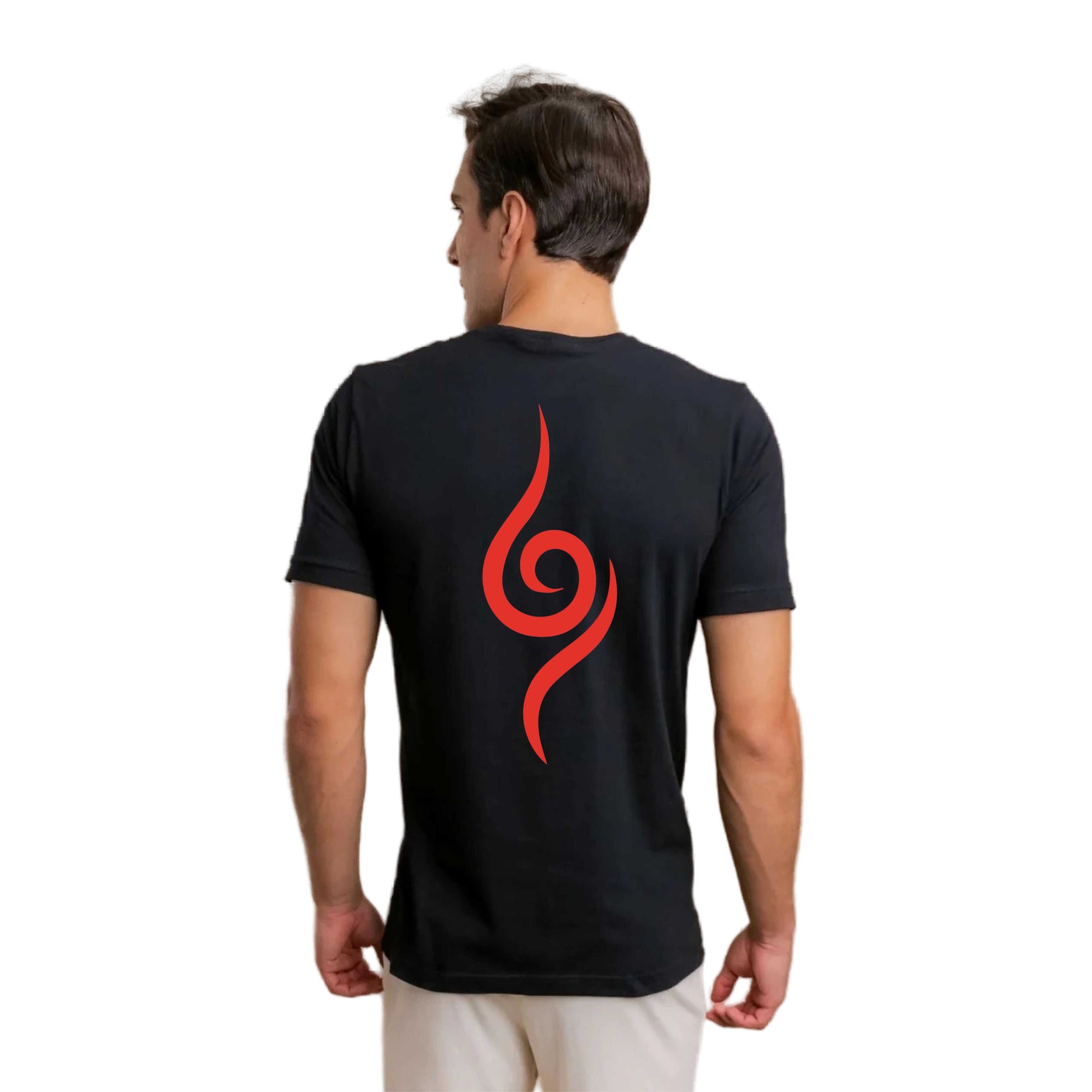 Person wearing a black t-shirt with a red symbol on the back against a white background