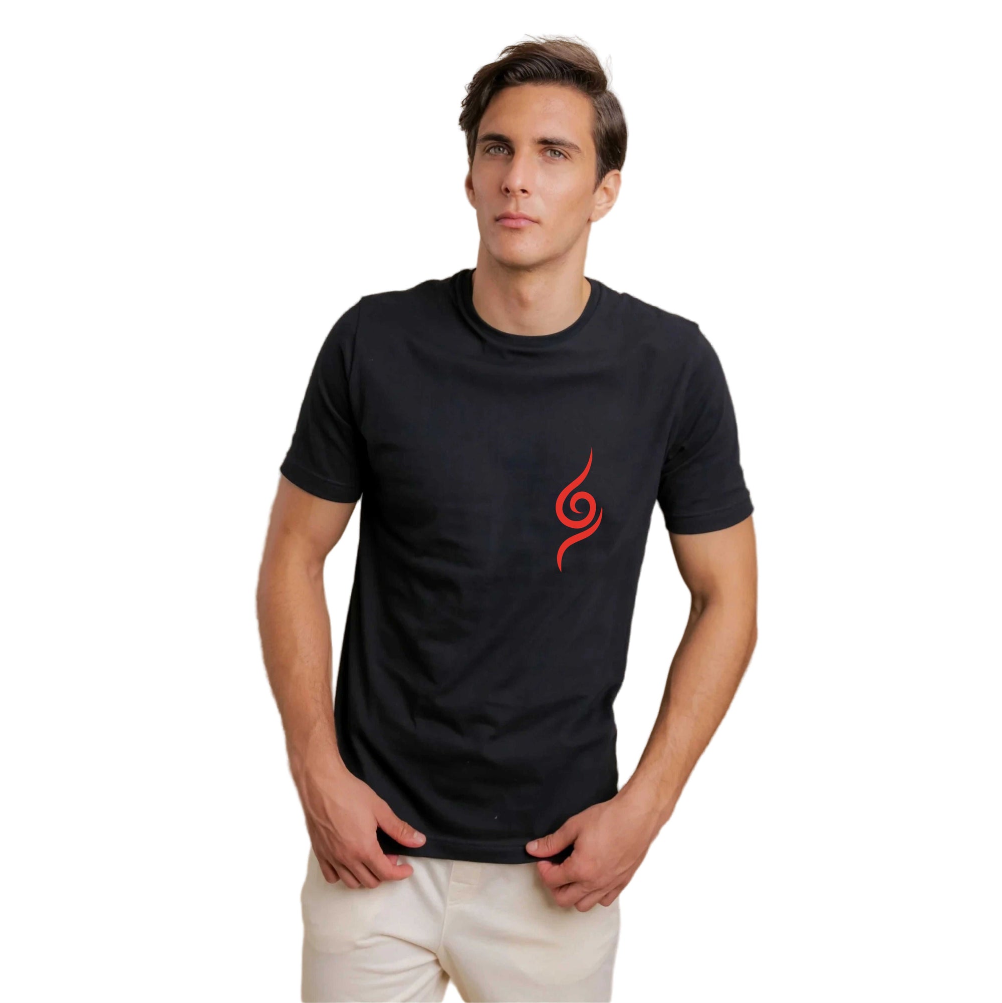 Man wearing a black t-shirt with a red symbol on a white background