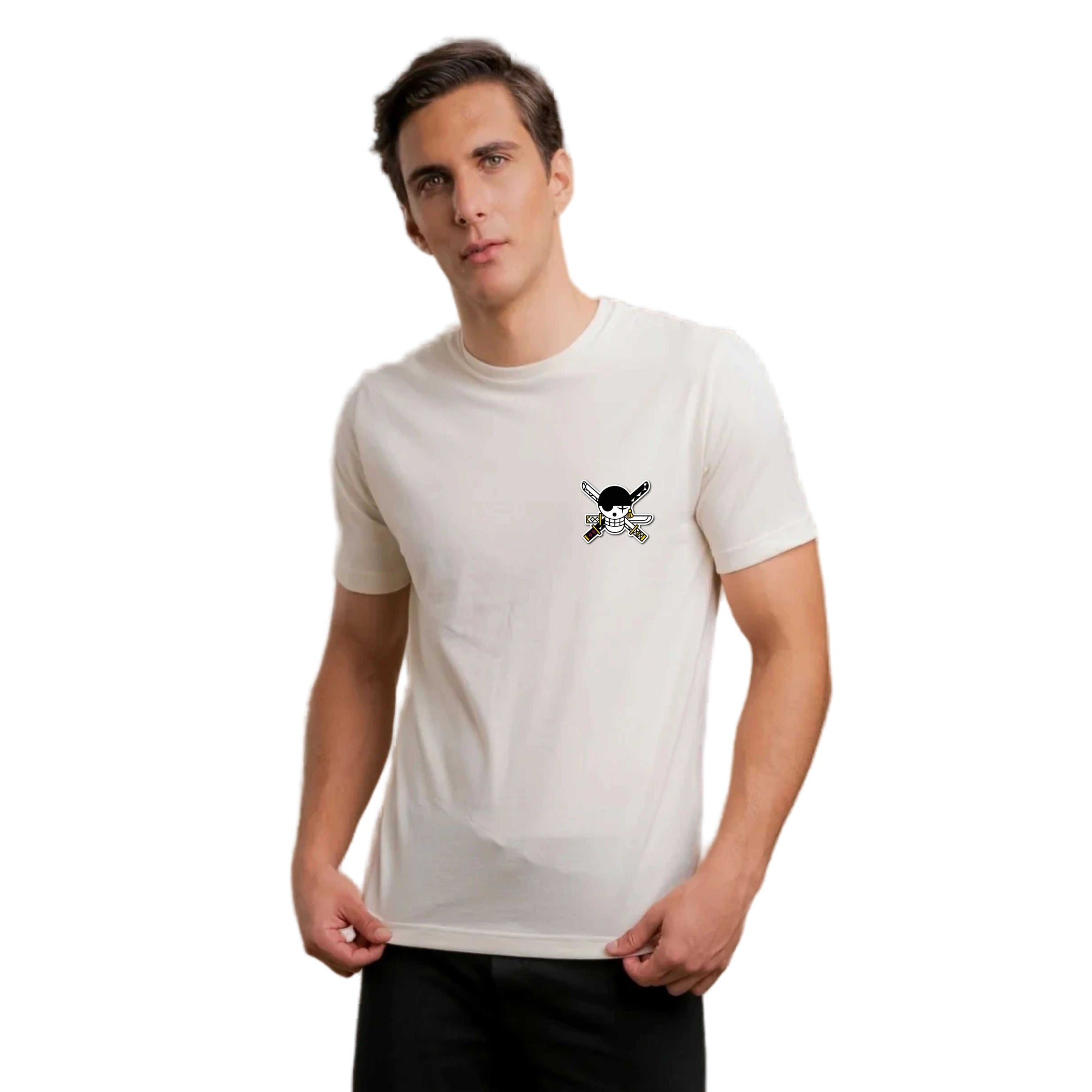 Man wearing a white t-shirt with a black and gray design on a white background