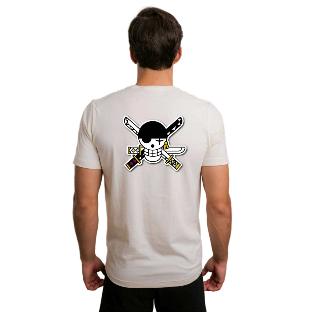 Person wearing a white t-shirt with a black and yellow graphic on the back against a white background