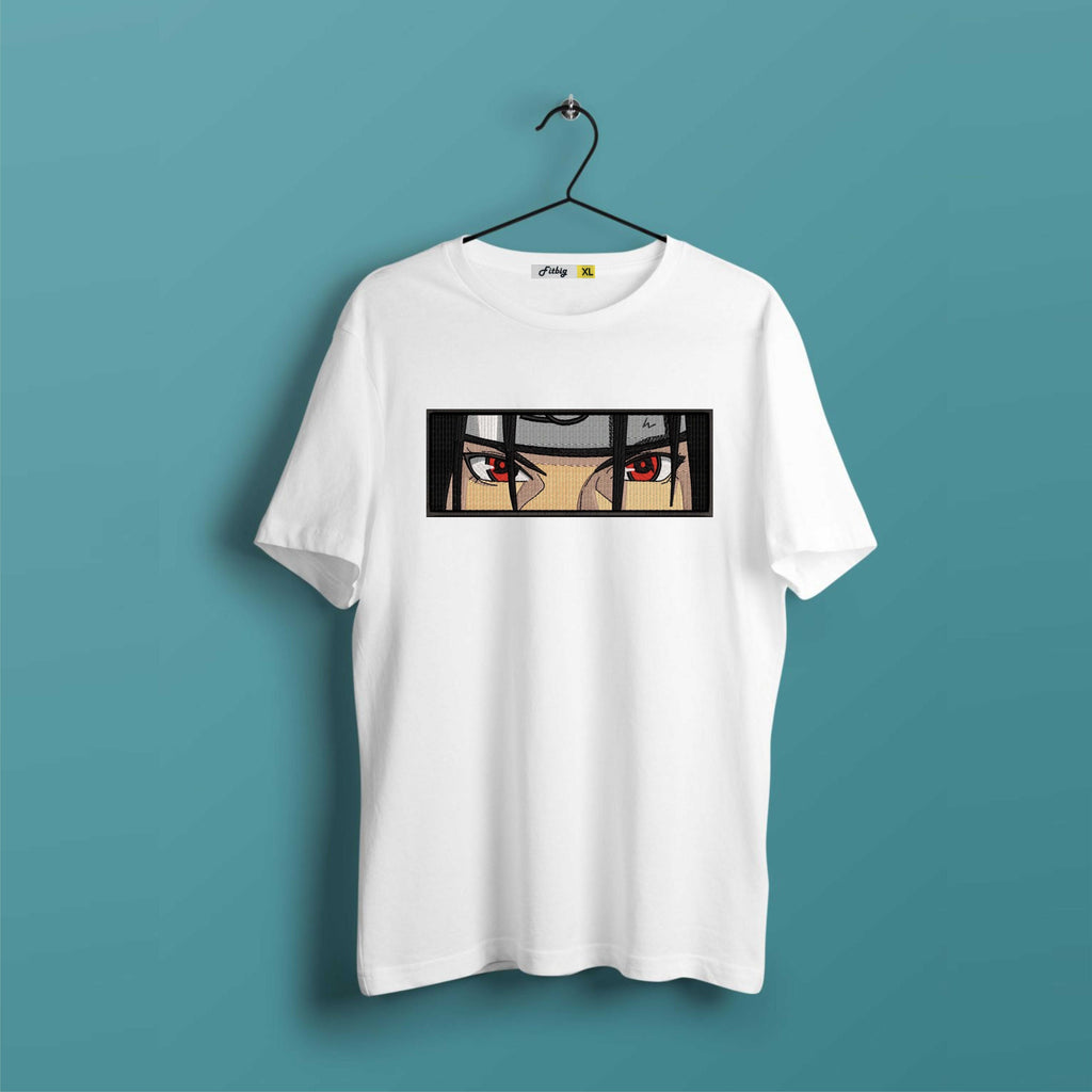 White t-shirt with anime character graphic on a hanger against a blue background