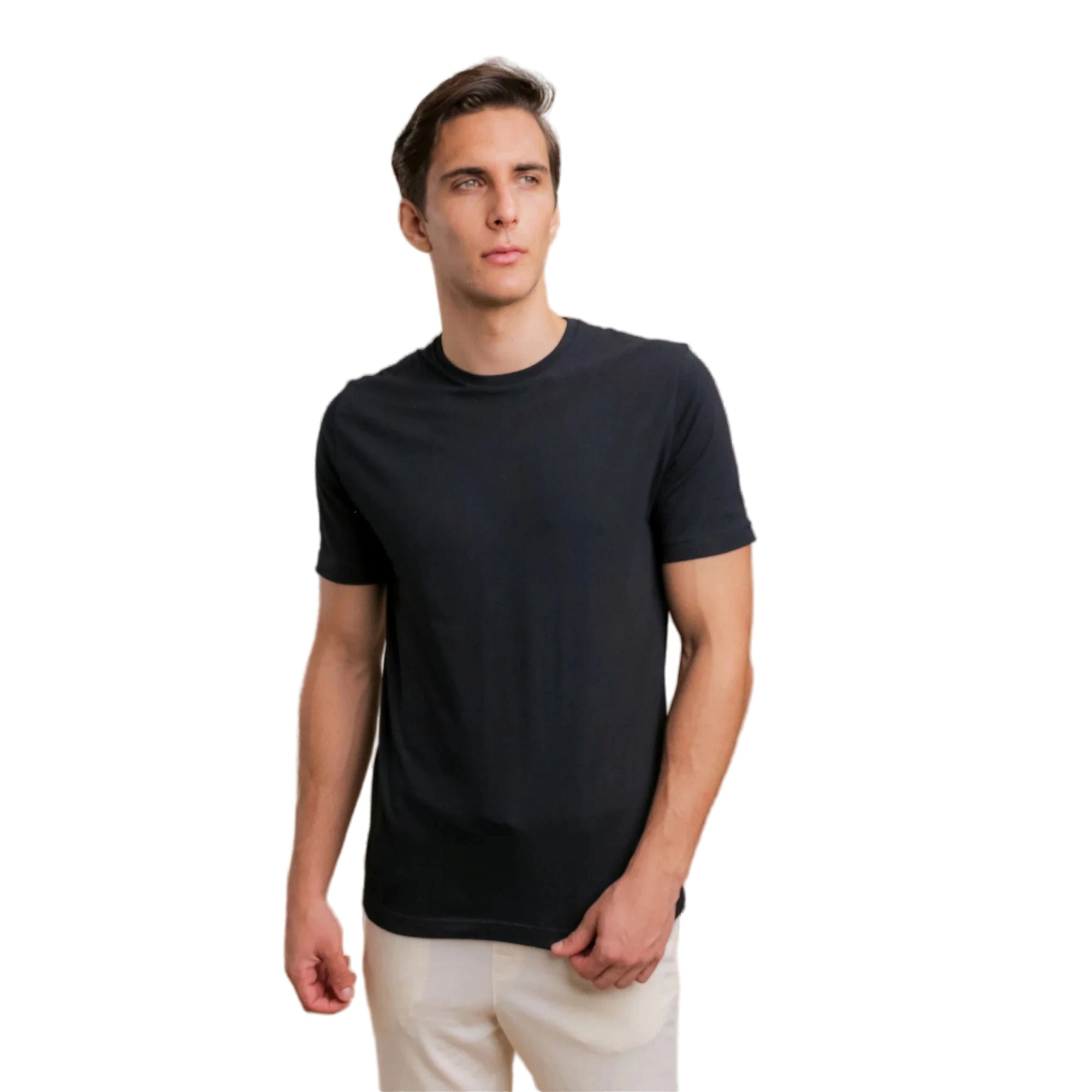 Man wearing a black t-shirt on a white background