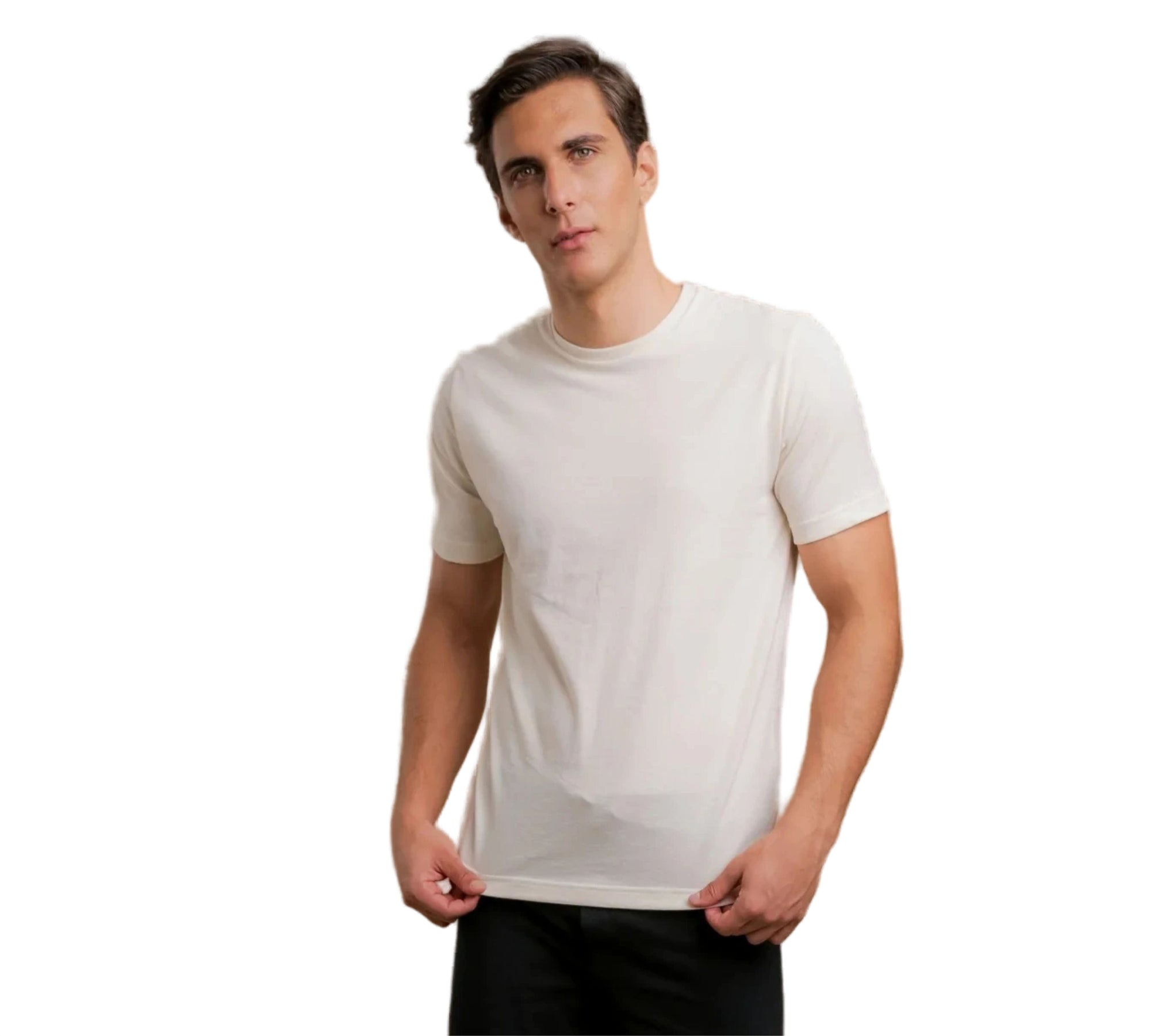 Man wearing a plain white t-shirt on a white background