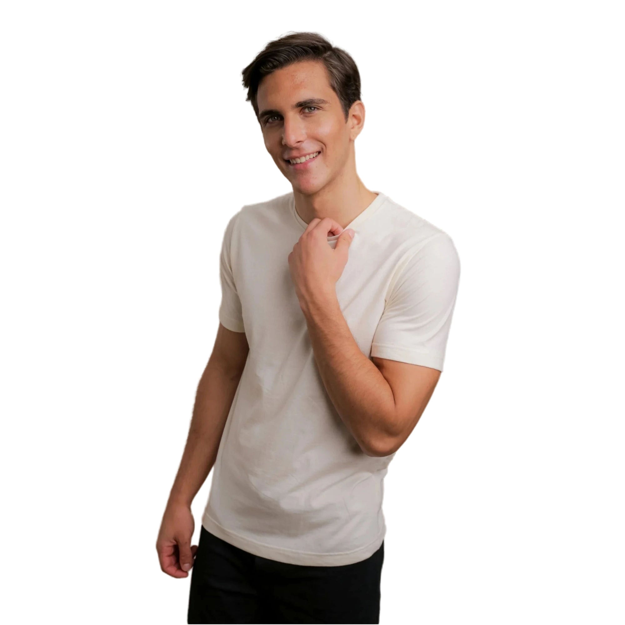 Man wearing a white t-shirt on a white background