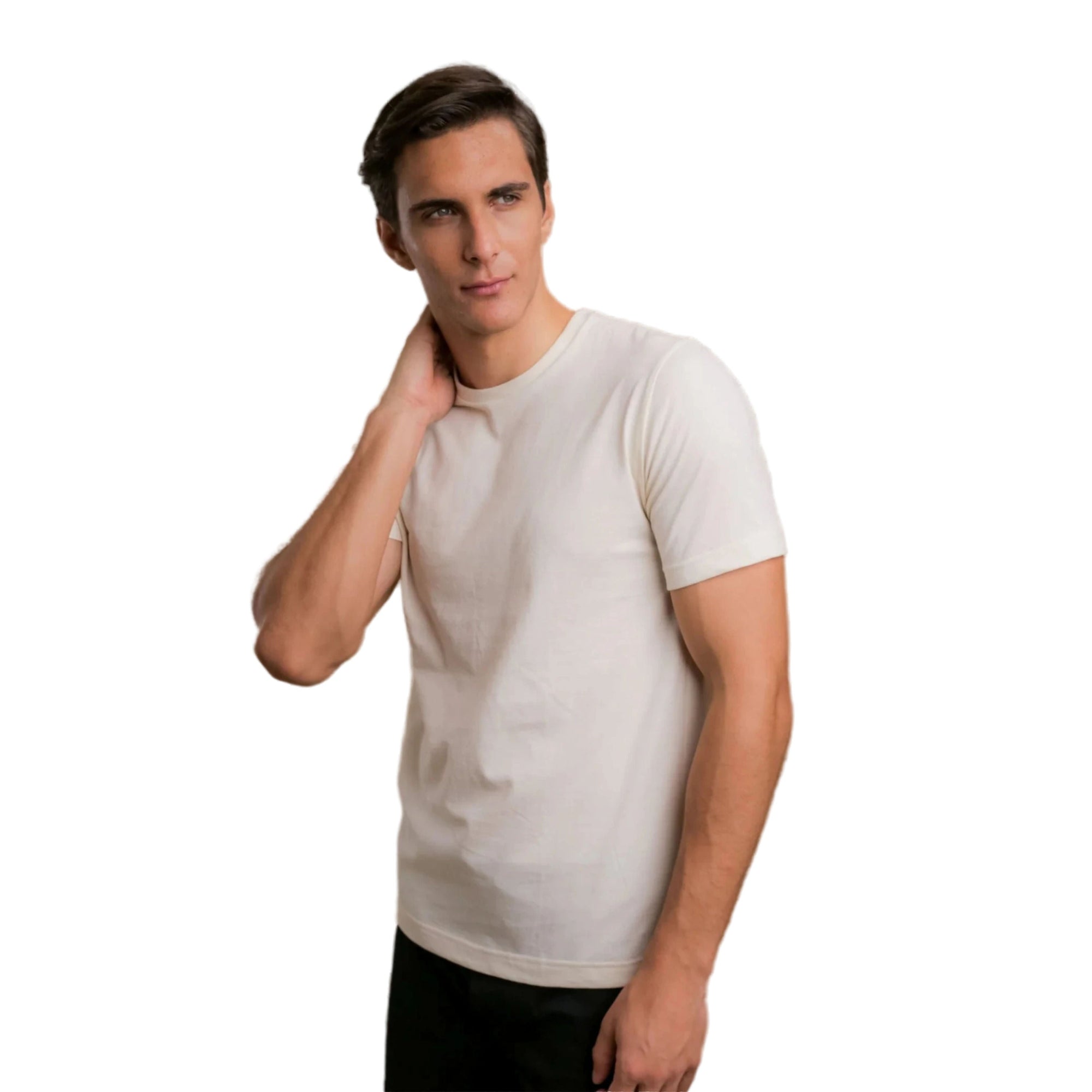 Man wearing a beige t-shirt on a white background
