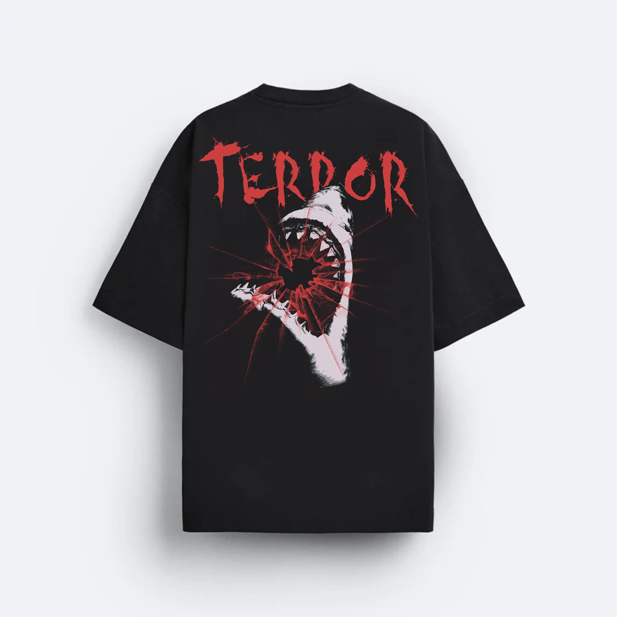 Black t-shirt with a graphic design and 'TERROR' text on a white background