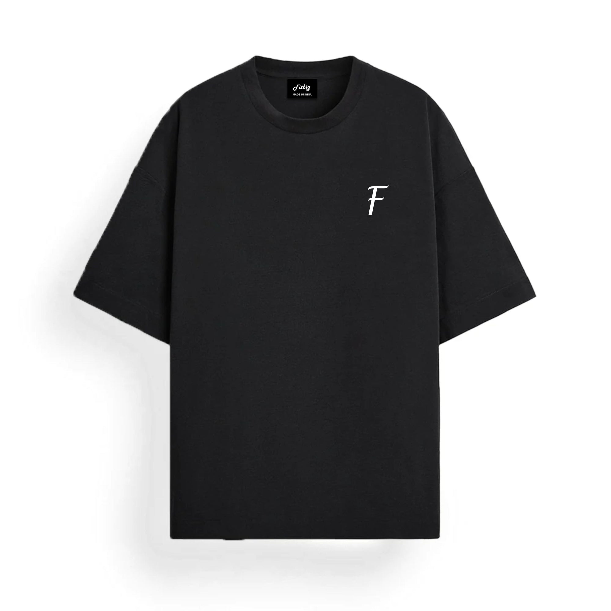 Black t-shirt with a white logo on a white background