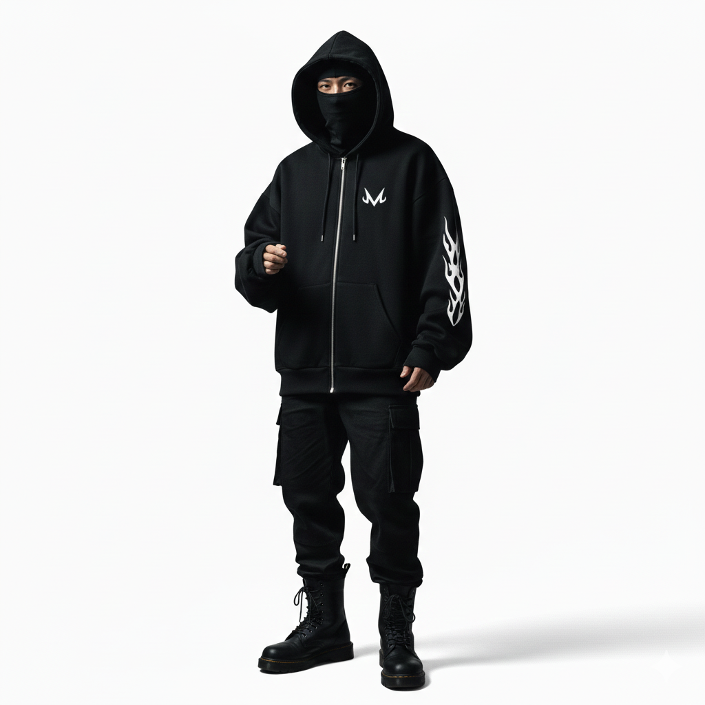 Person wearing a black hoodie with a logo on a white background