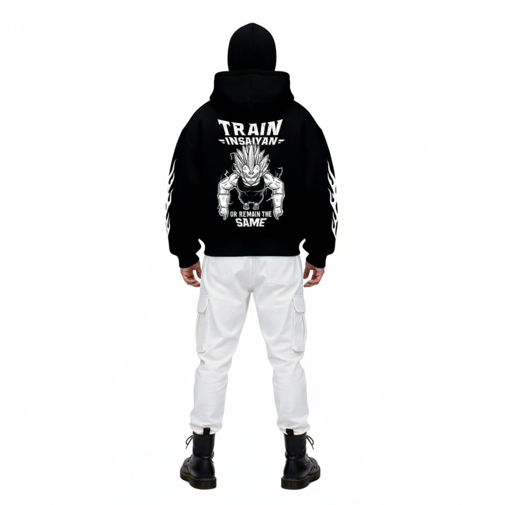 Person wearing a black hoodie with white text and graphics on the back, standing against a white background.