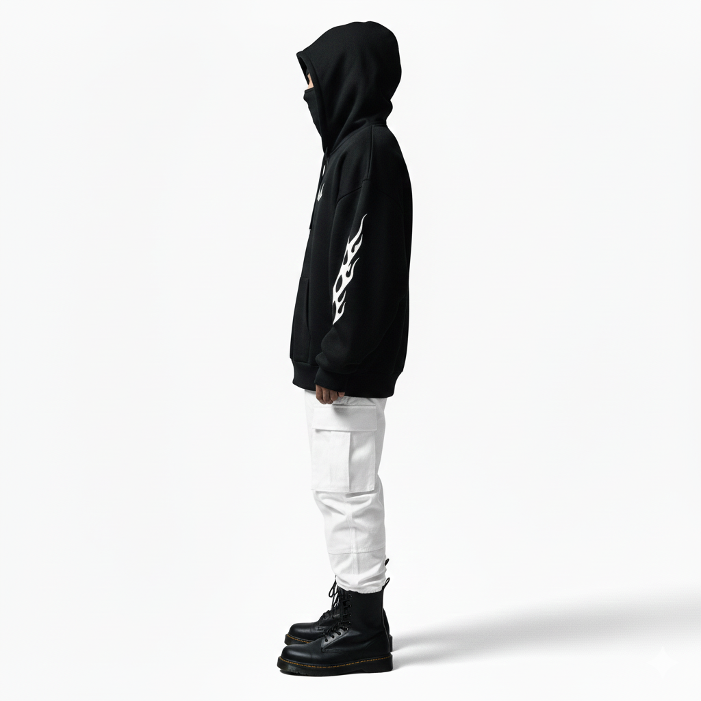 Person wearing a black hoodie with a white flame design on a white background