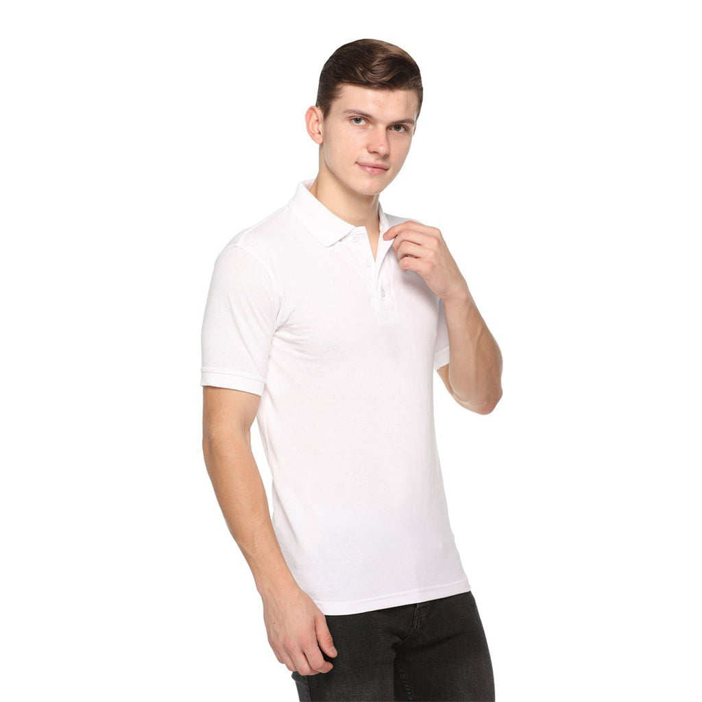 Man wearing a white polo t shirt