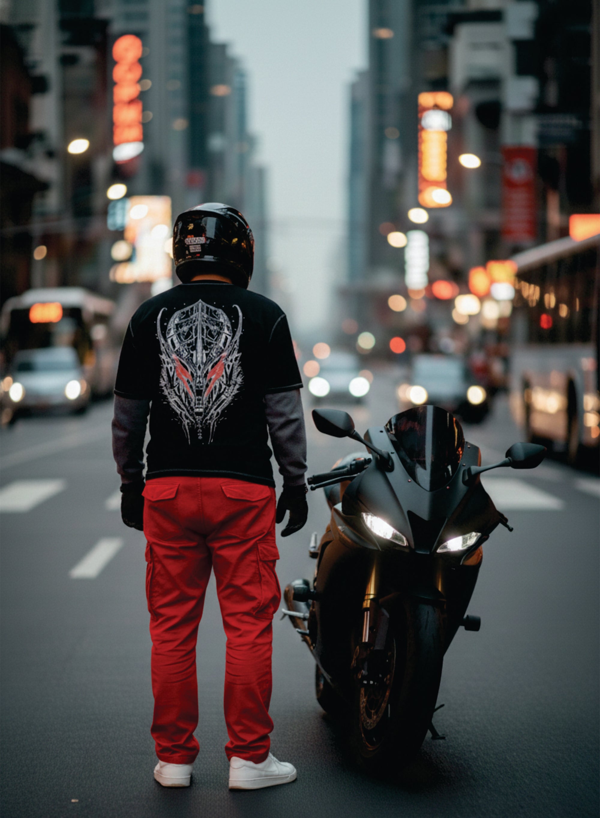 Person in black t shirt with red pants standing next to a motorcycle on a city street at night.