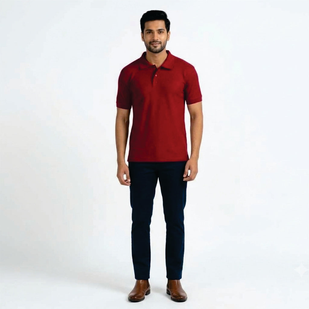 A man modeling a short-sleeve polo shirt in deep red, paired with dark trousers and brown shoes, standing against a plain white studio background.