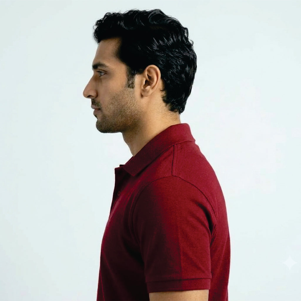 A man in profile wearing a short-sleeve polo shirt in deep burgundy, set against a plain light background.