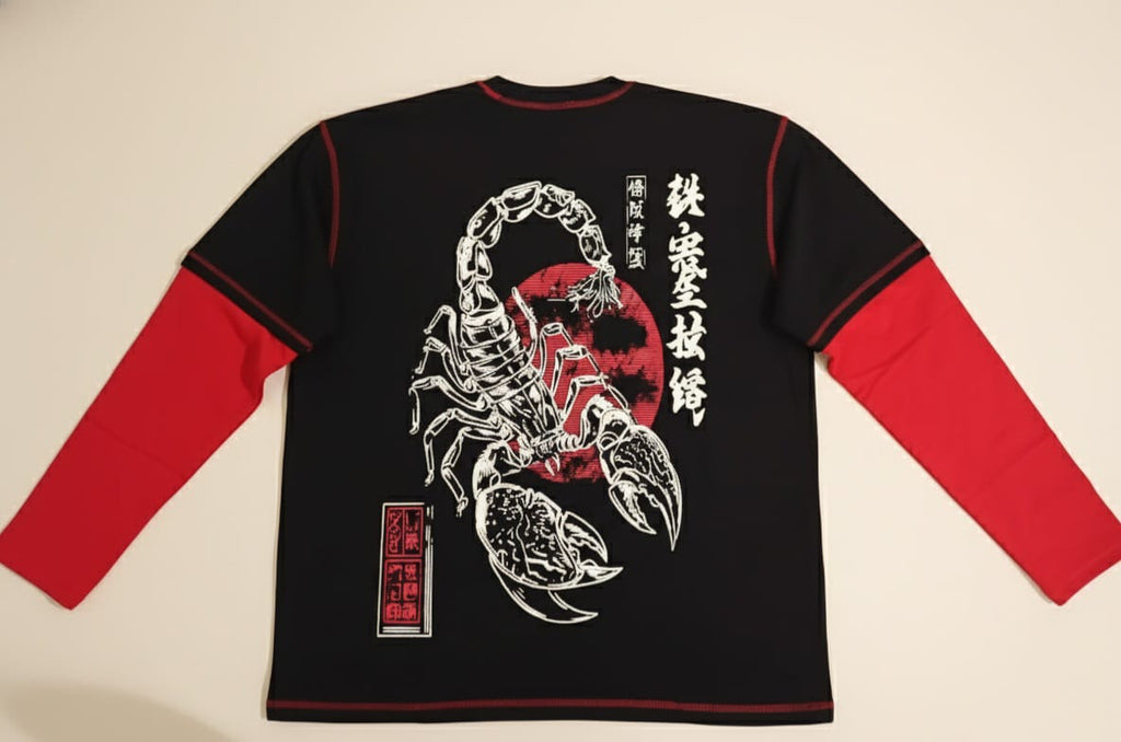 Black long-sleeve shirt with a white scorpion design on a beige background