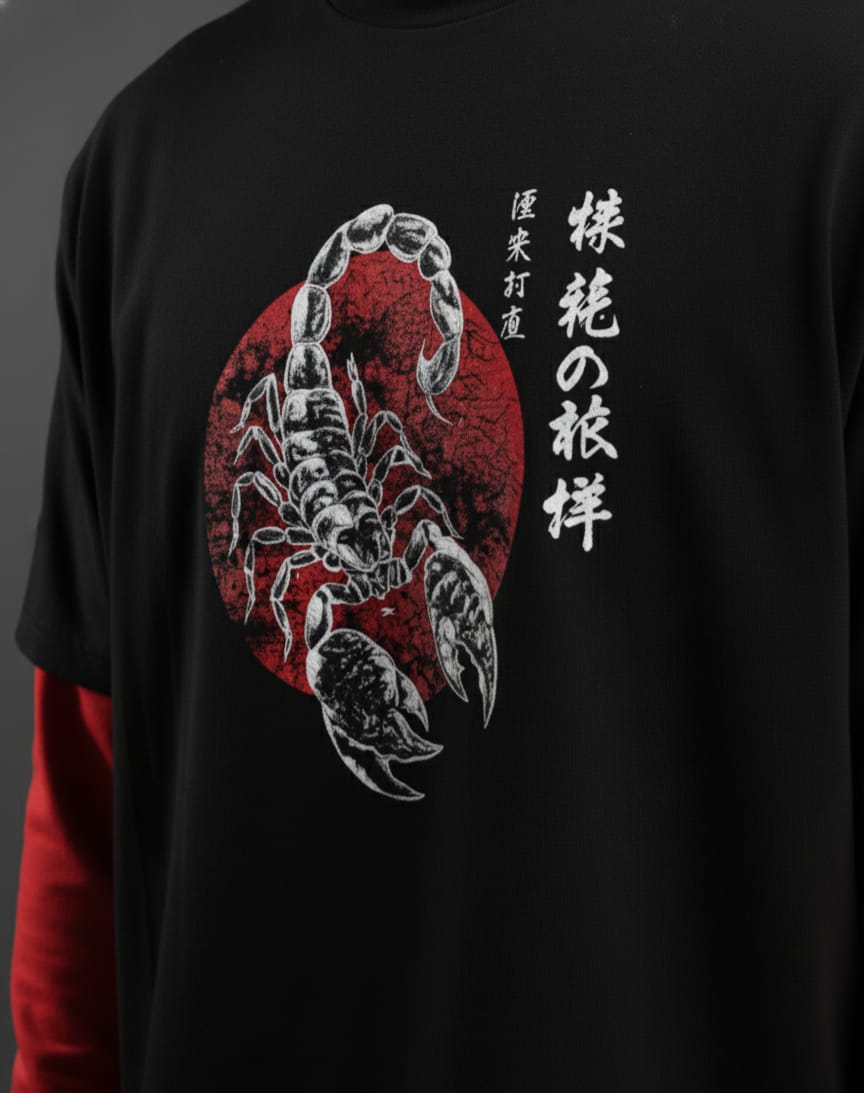 Black t-shirt with a scorpion design and Japanese text on a red background