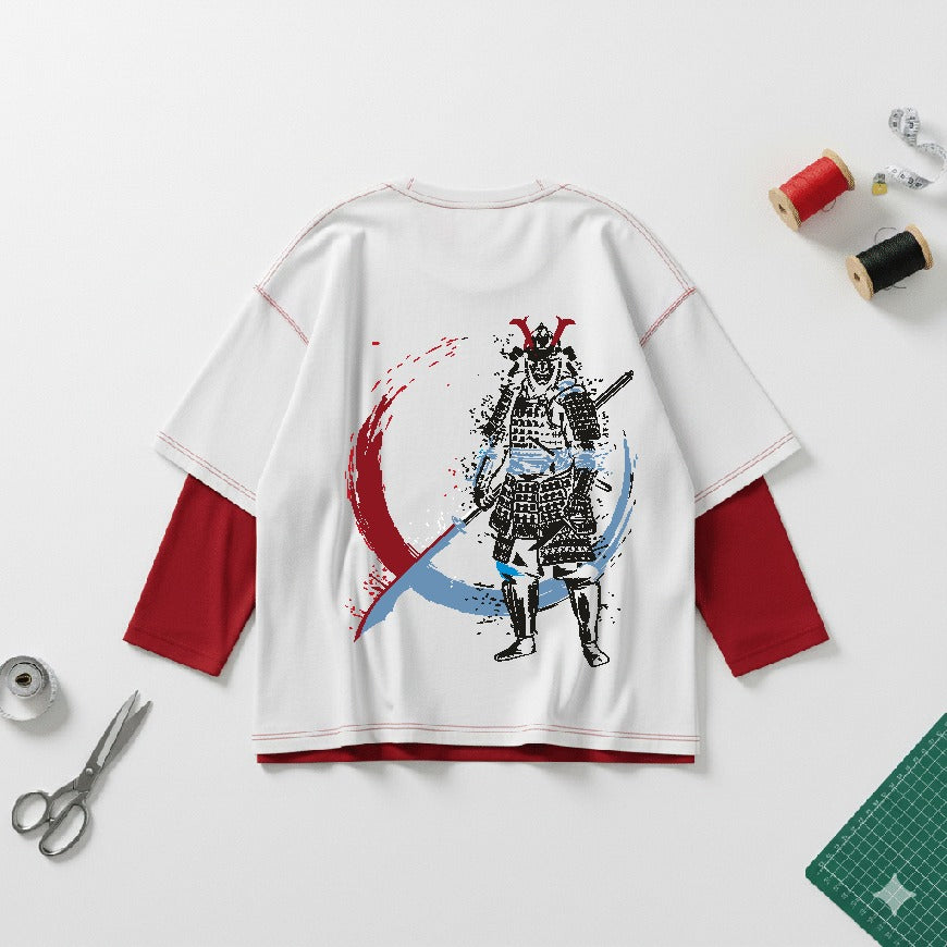 White shirt with samurai design on a white background