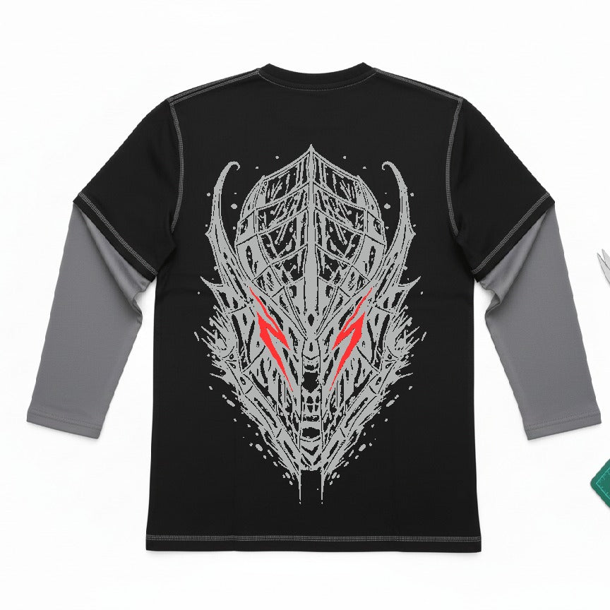 Black long-sleeve shirt with a detailed design on the back against a white background