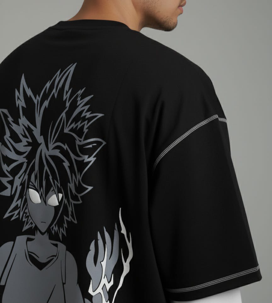 Black t-shirt with anime character design on the back against a gray background